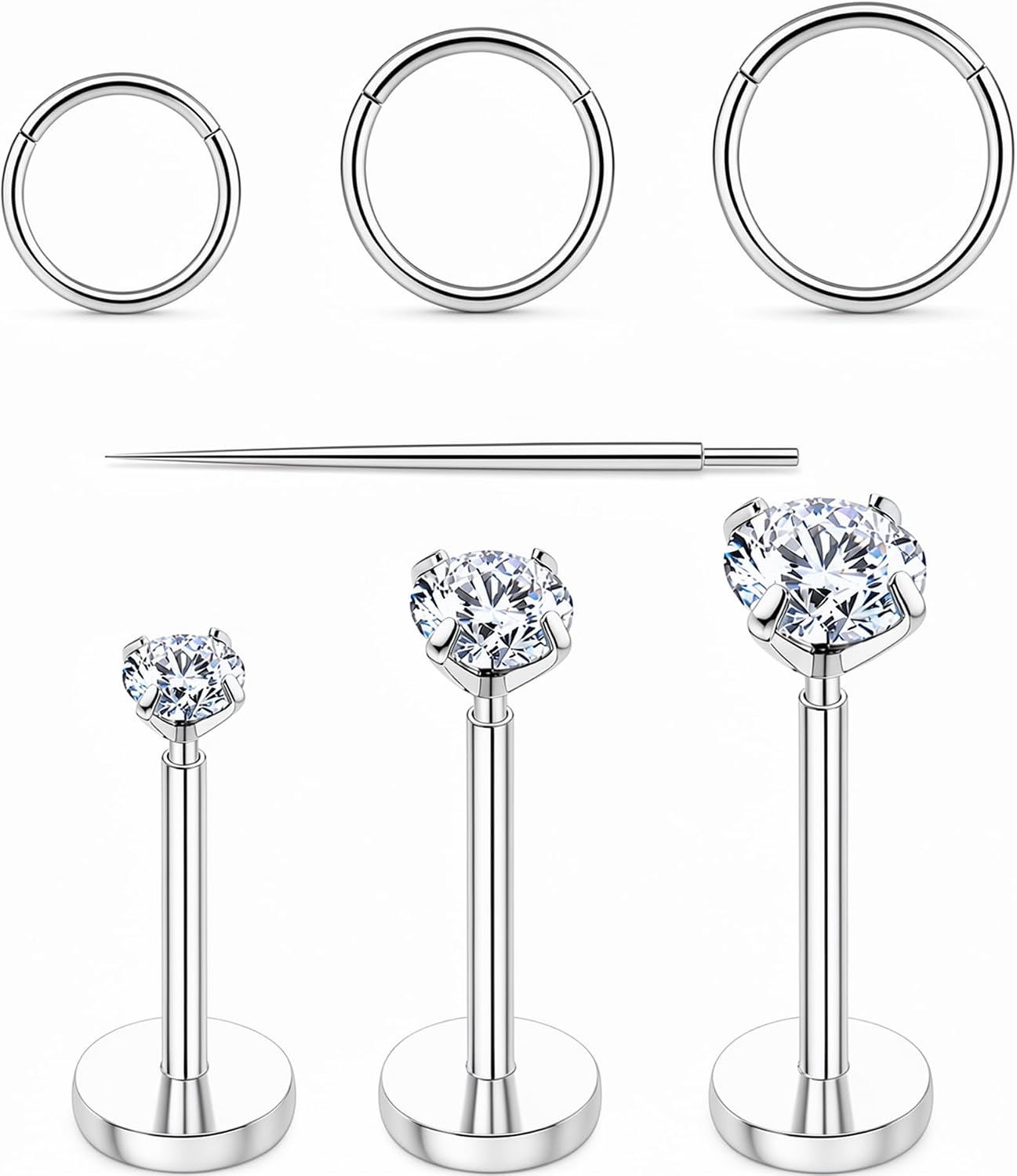 G23 Titanium Nose Ring Set, 6PCS 20G Hoops & Threadless CZ Flat Back Studs