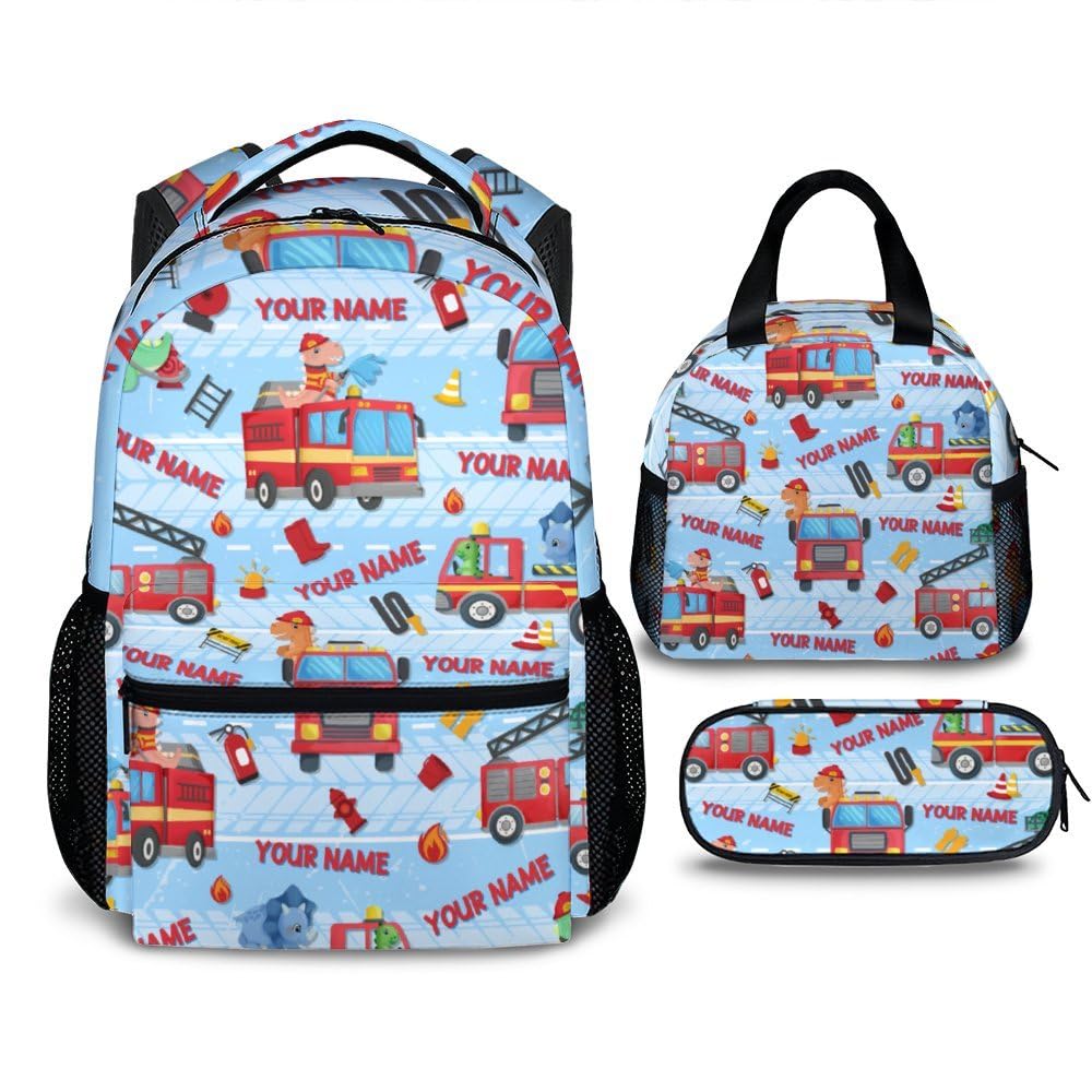 Homexzdiy Custom Backpacks for Kids, Set of 3 Fire Truck School Backpacks Matching Combo for Boys Students, Personalized Lightweight Truck Bookbag