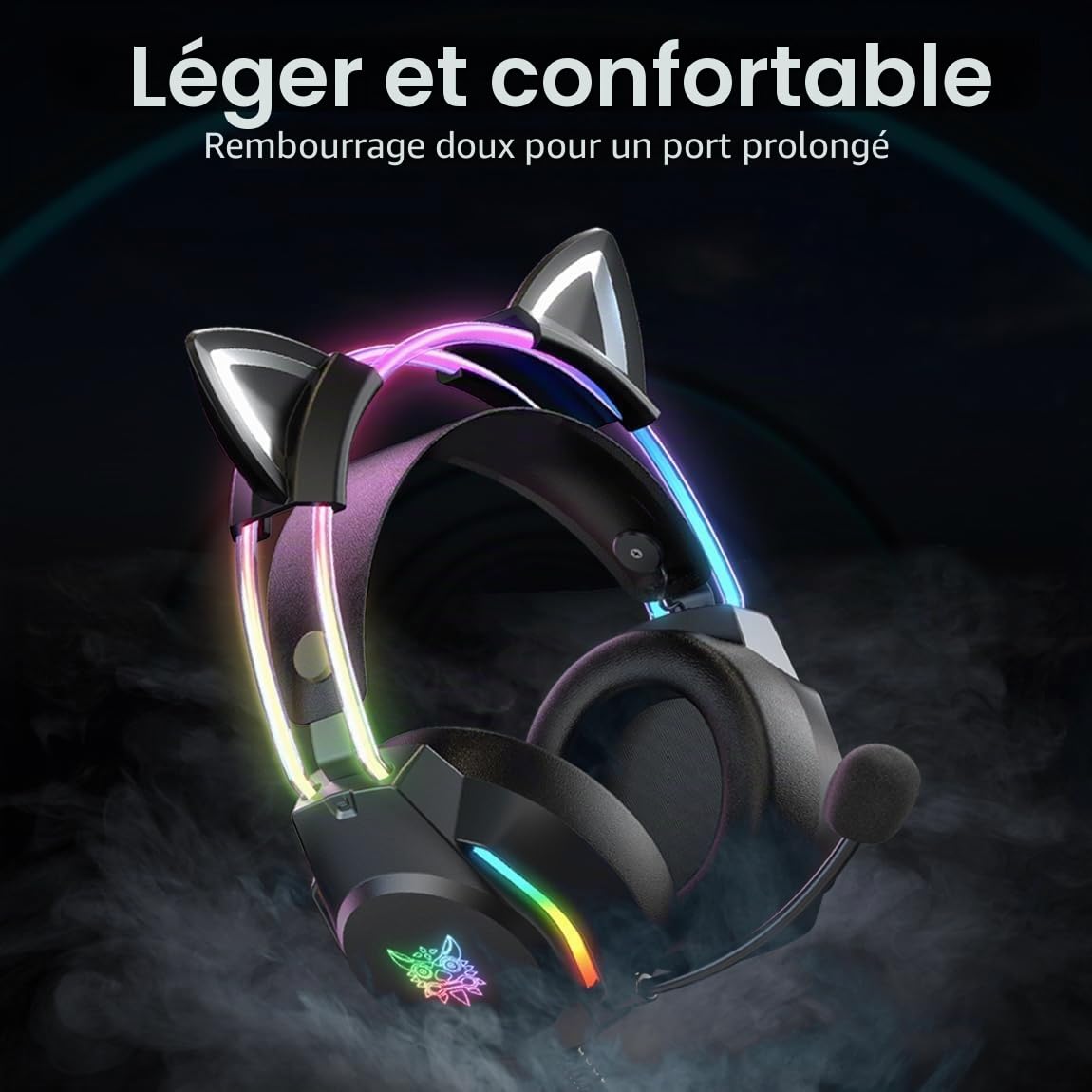 Casque de jeu oreilles de chat microphone Éclairage RVB 7.1 Casque filaire 3,5 mm PC/PS4/PS5/Xbox/Switch Design ergonomique