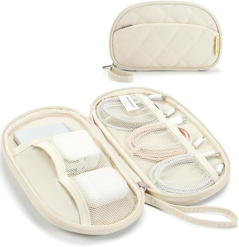 Electronics Organizer Travel Case for Cords Chargers Phones, Beige | Puffy Padded, Travel Essentials, Cord organizer bag for Cables, Compact Tech Accessories Pouch