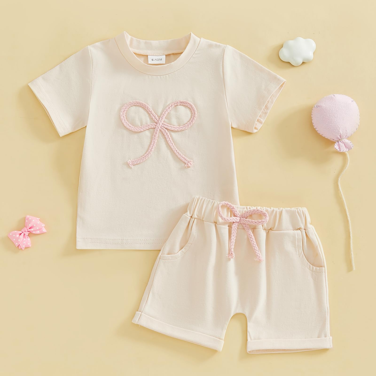 KtwHarnu Infant Toddler Baby Girl Summer Outfit Bow Embroidery Short Sleeve T Shirt Top Shorts Set 2Pcs Summer Clothes (B-Apricot, 12-18 Months)