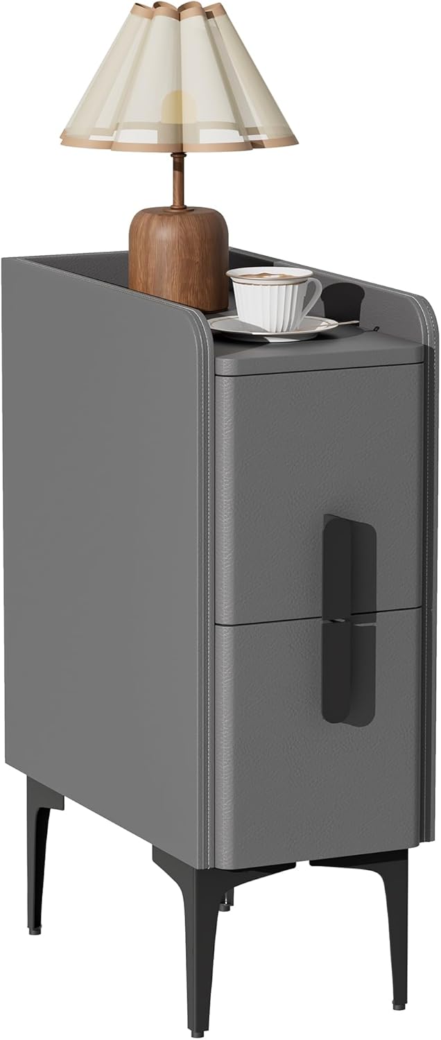 Size 15.7 D x 7.8 W x 22.4 H Color light grey VICITON Narrow Nightstand with 2 Drawers, Narrow Side Table Leather Surface, Slim Bedside Table for Bedrooms, Dormitories, Living Rooms (Light Gray, 15.7 D x 7.8 W x 22.4 H)