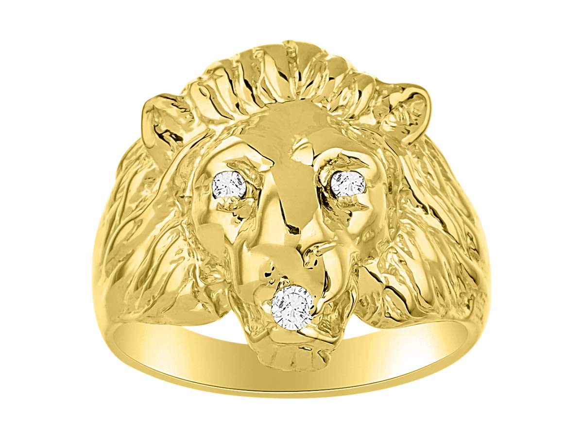 Rylos Lion Head Ring Color Stones Eyes &amp; Diamond Mouth – Fun Designer Rings in Sizes 8-13 in Yellow Gold Plated Silver