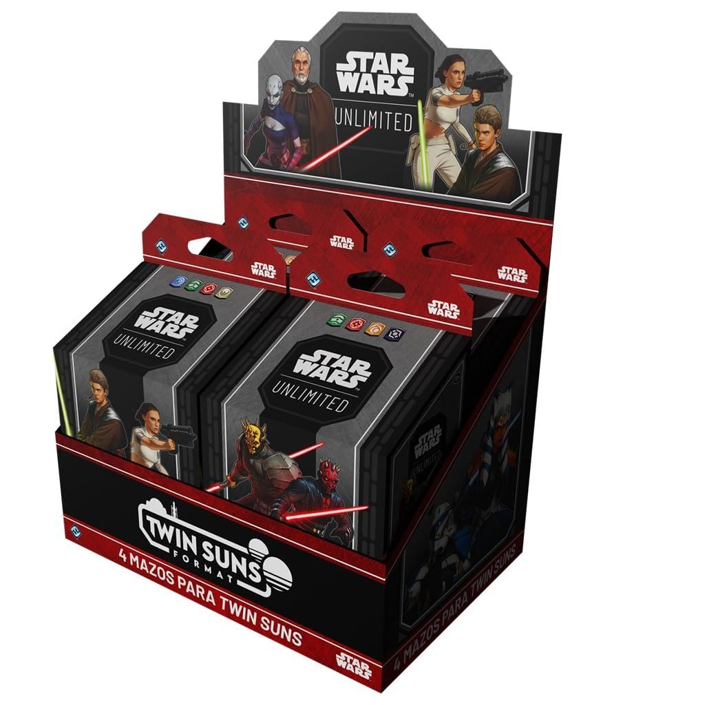 Asmodee Star Wars: Unlimited TCG, Twin Suns Display OF MAZOS, 4 pre-built 80-Card Multiplayer Decks, Clone Wars, Exclusive Content, Ages 12, 2-4 Players, 20 min, Spanish