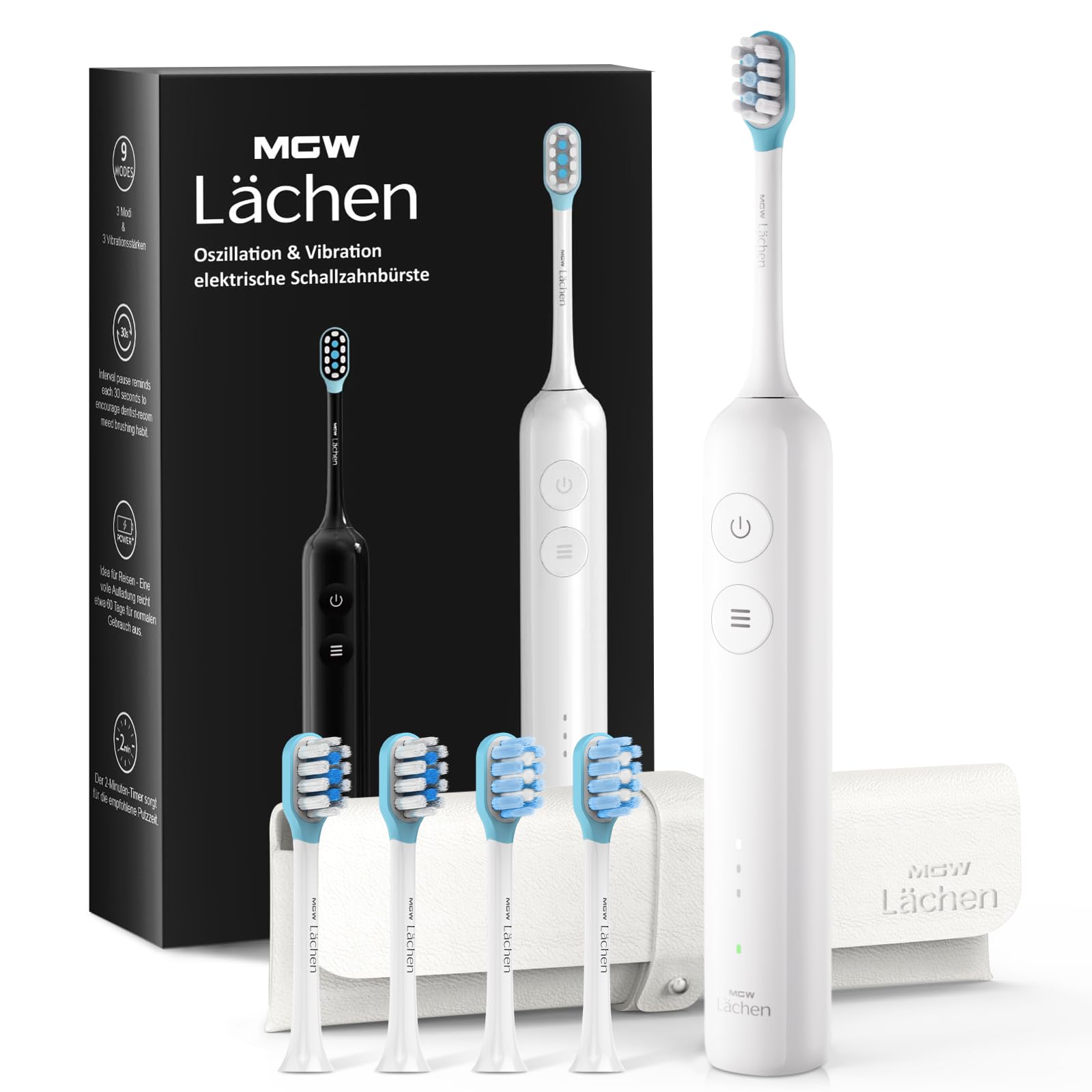 MGW Lächen - Cepillo de dientes eléctrico, oscilación y vibración, cepillo de dientes eléctrico silencioso con 4 cabezales de cepillo, 3 modos y 3 intensidades de vibración con bolsa de viaje (blanco)