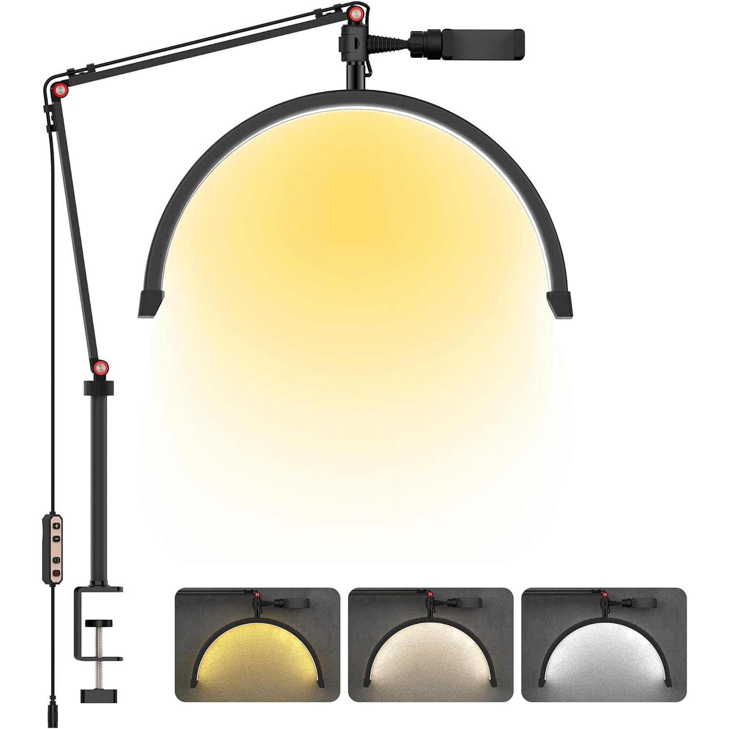 Angju Desk Lash Light for Eyelash Extensions, Portable Half Moon Lamp, Esthetician Light for Tattoo Artists, Nail Tech, Eyelash Lamp with Phone Holder | 3000-6000K | 10 Brightness Adjustable