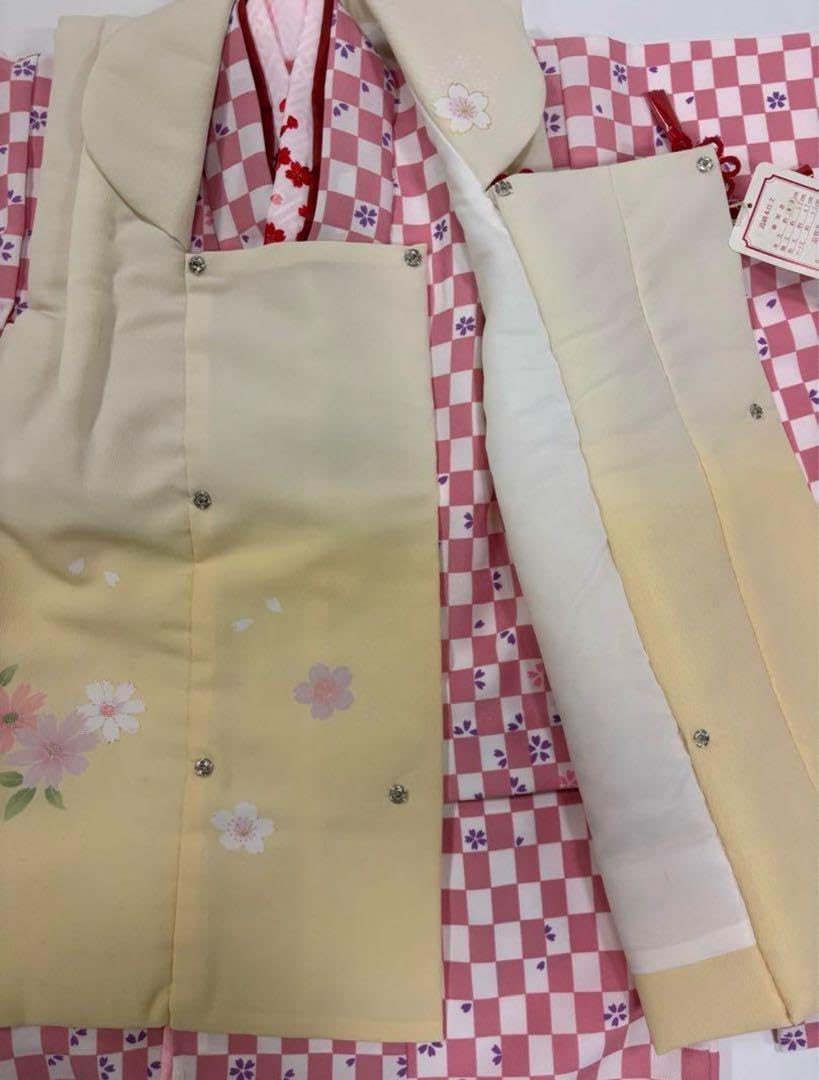 七五三 3歳女の子 着物セット ピンク市松 紫桜 オフ白 乱菊 クリーム色