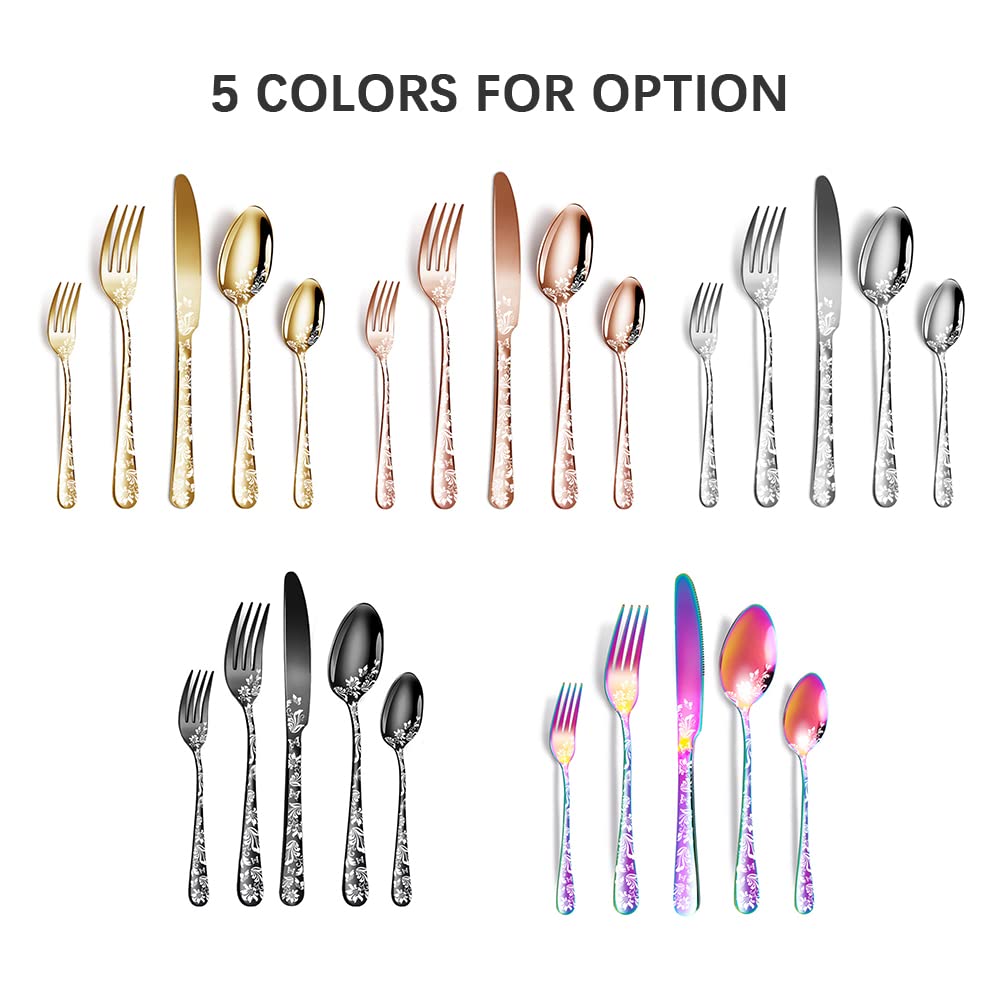 Aoresac Juego de Cubiertos 4 Personas,20 PCS Juego de Cubiertos de Acero Inoxidable Patrón Pulidos Con Espejo de Flores Incluye Cuchillo, tenedor para Cocina Restaurante Fiesta(Oro rosa)