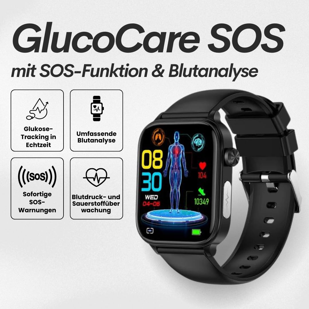 GlucoCare SOS - Original Smartwatch mit SOS-Notruf, automatischer Sturzerkennung, 24/7 Gesundheitsüberwachung und Aktivitäts-Tracking für Senioren - Sicherheit und Komfort vereint