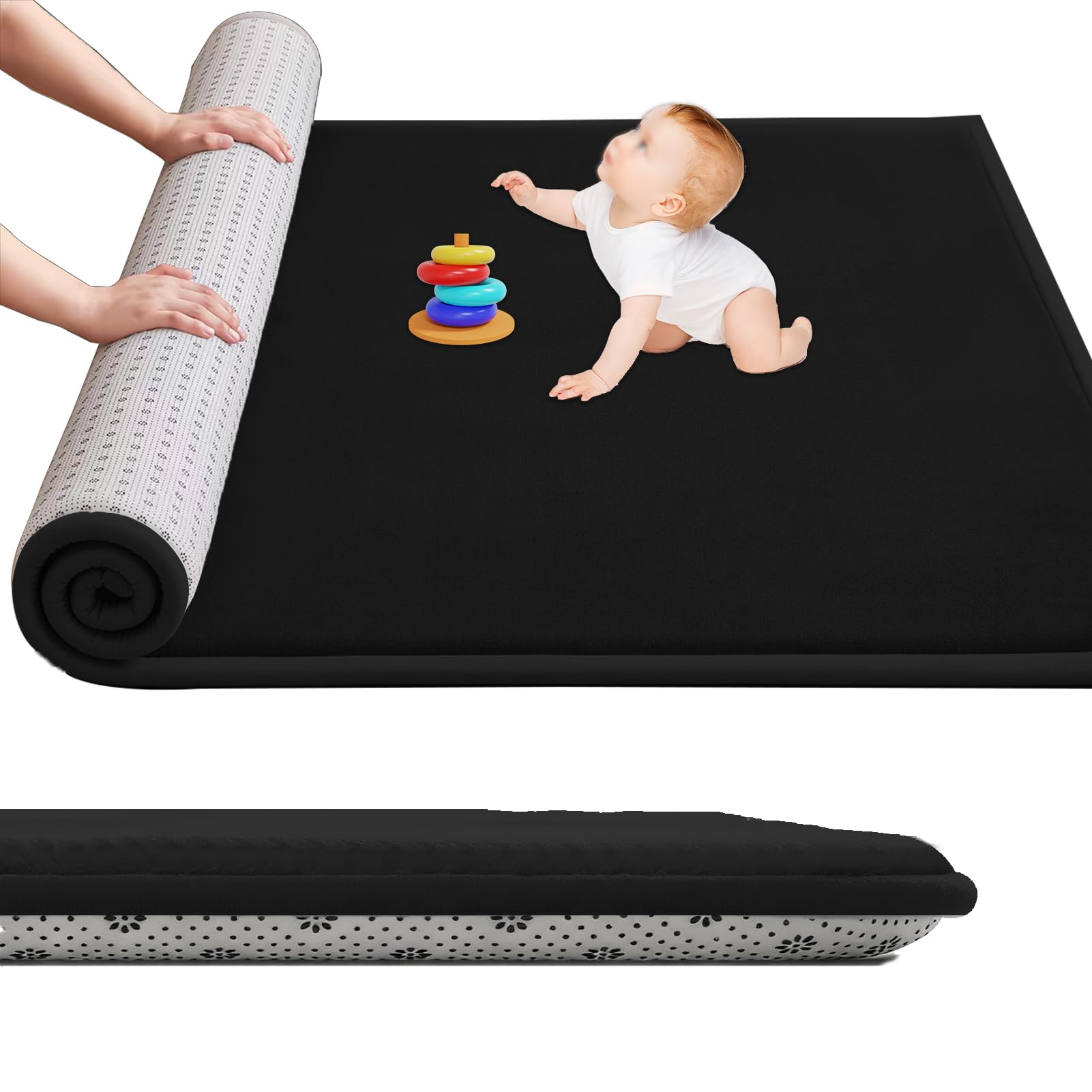 GmyoieqI Large Nursery Carpets, Memory Foam Play Mat for Baby Non-Slip 3CM Thick 40 x 80 cm Children's Play Mat for Crawling Soft Play Tummy Time, Area Rug Playmat for Floor Living Room Tatami Black
