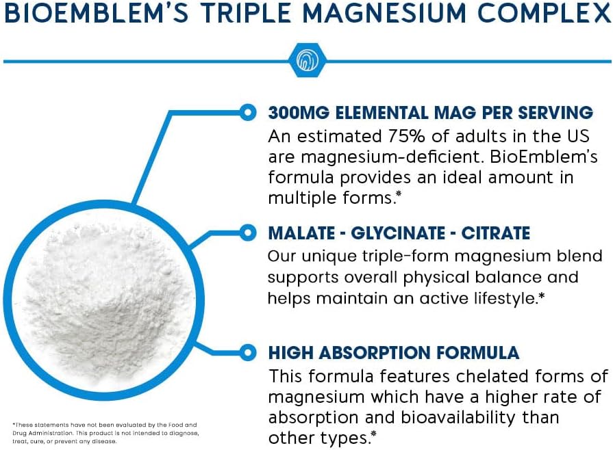 BioEmblem Triple Magnesium Complex | 300mg Magnesium Glycinate, Malate & Citrate | High Absorption Chelated Formula | Vegan, Non-GMO, Gluten-Free | 90 Capsules - Image 3