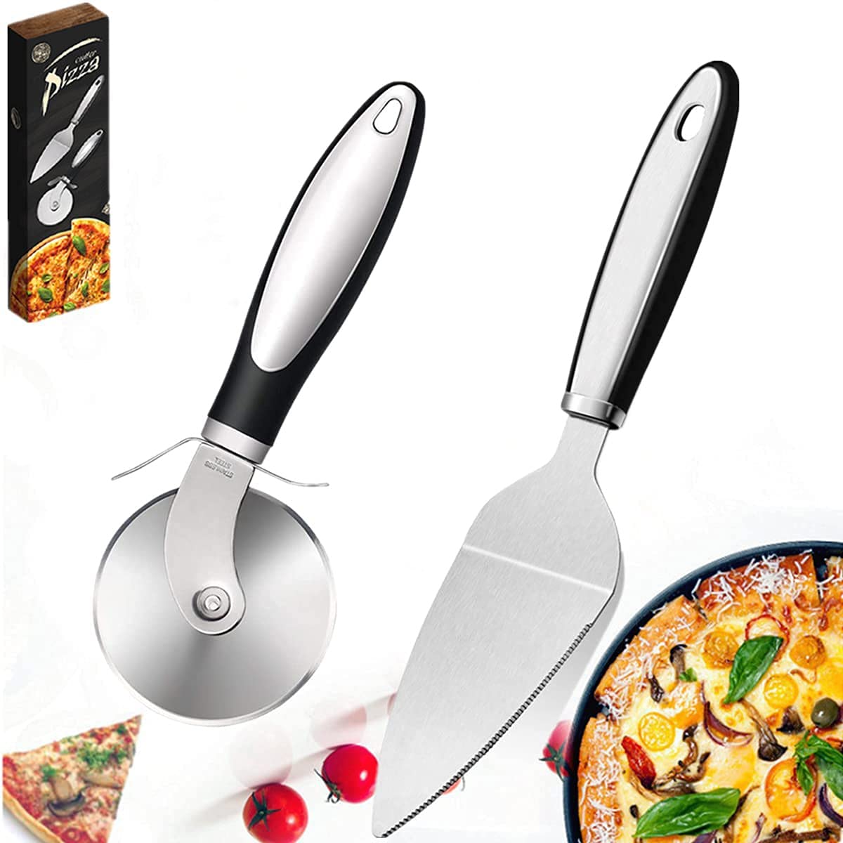 Pizza Cutter Wheel Pizza Shovel Set, Non Slip Handle, Quality Stainless Steel Pizza Cutter, Ideal for Pizza, Pies, Dough Cookies, Waffles