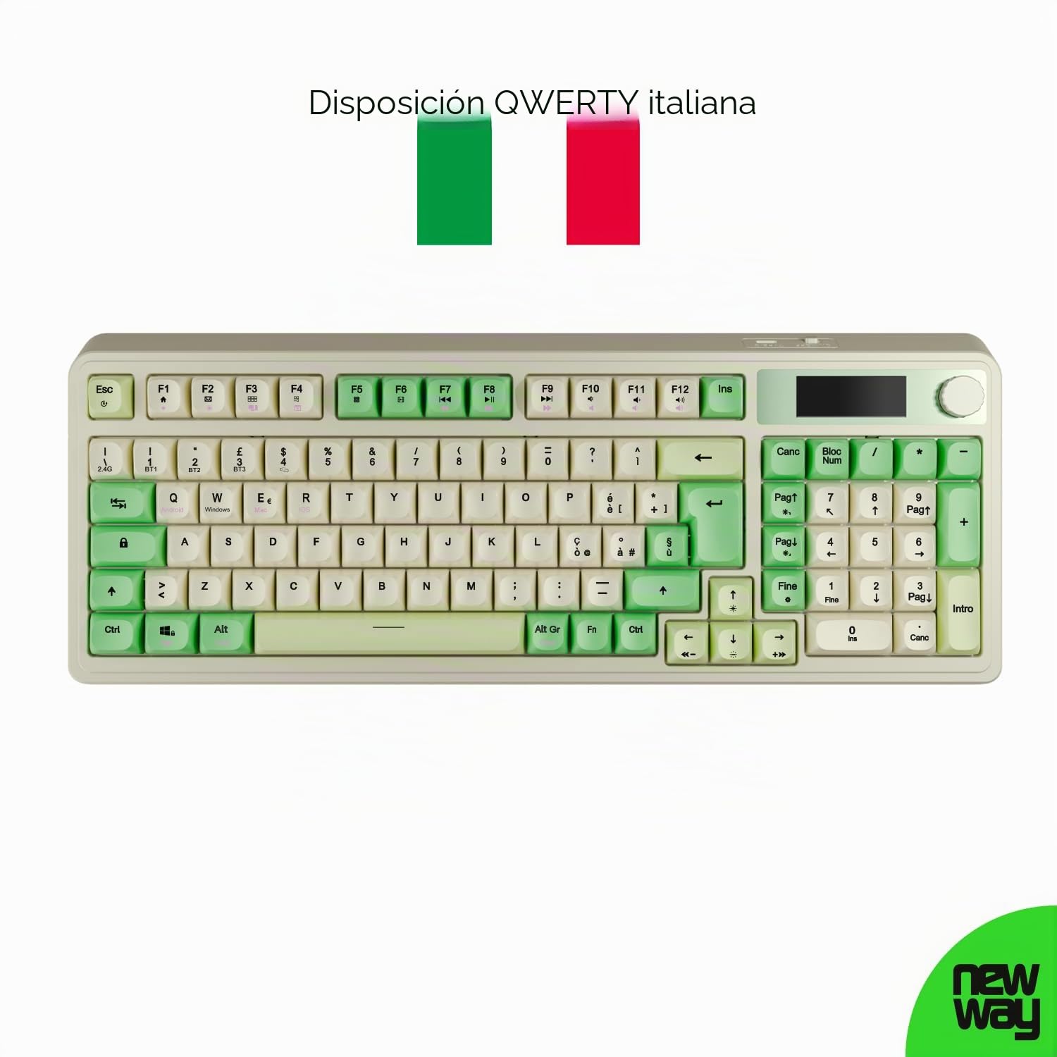 NEWWAY NK251 Teclado inalámbrico recargable - Diseño italiano QWERTY - Triple modos WiFi 2,4 GHz, BT/USB-C - Pantalla digital - Rueda multifunción - Retroiluminación RGB - Receptor en la parte