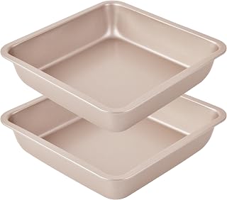 8x8 Metal Baking Pan (Set of 2), Non-stick, Durable Carbon Steel, 8 Inch Square Baking Pan and 8'' Brownie Pan for Baking Oven (Champagne Gold)