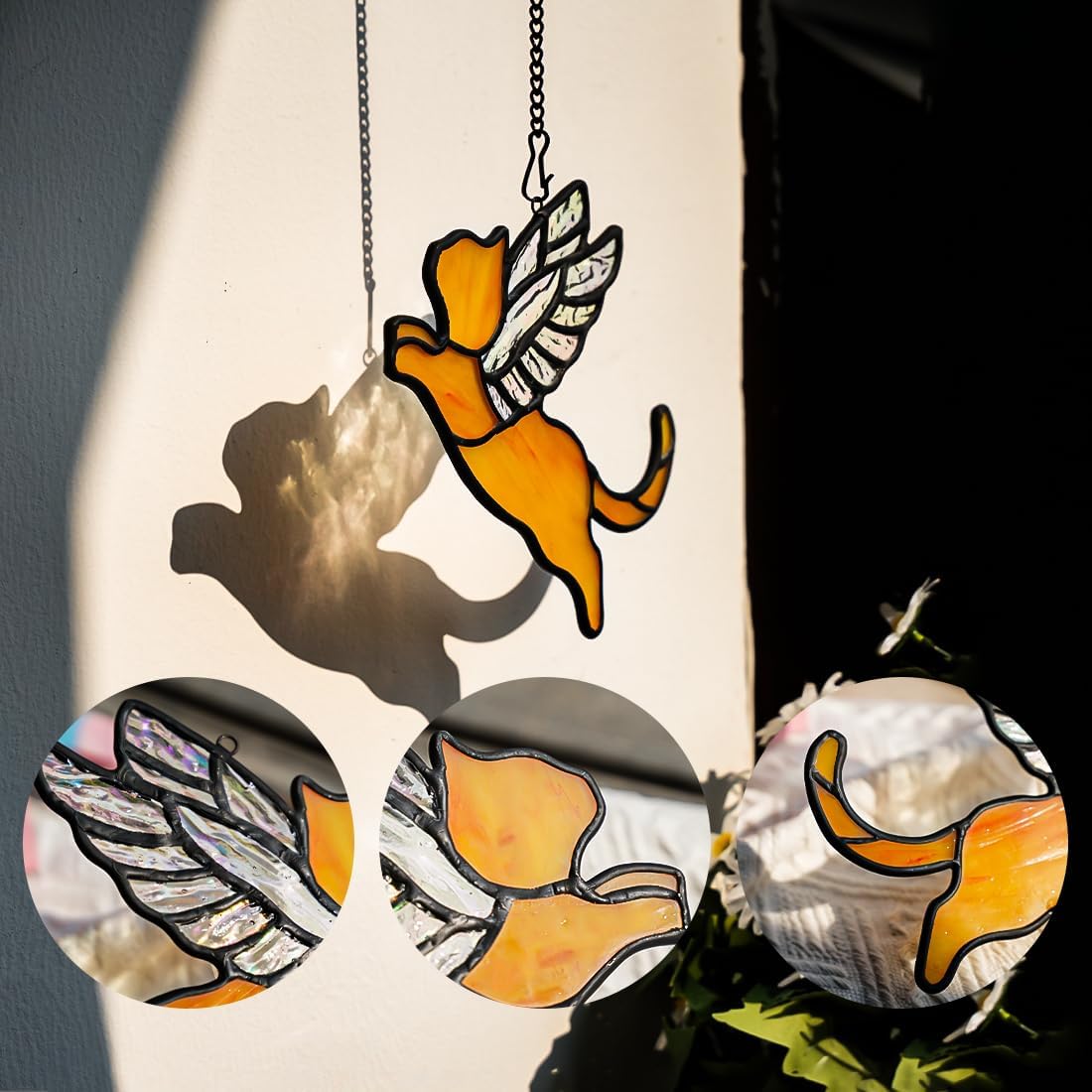BOXCASA Angel Cat Memorial Gifts Stained Glass Window Hanging,Orange Cat Themed Gifts for Women,Pet Loss Memorial Gift,Stained Glass Suncatcher for Window
