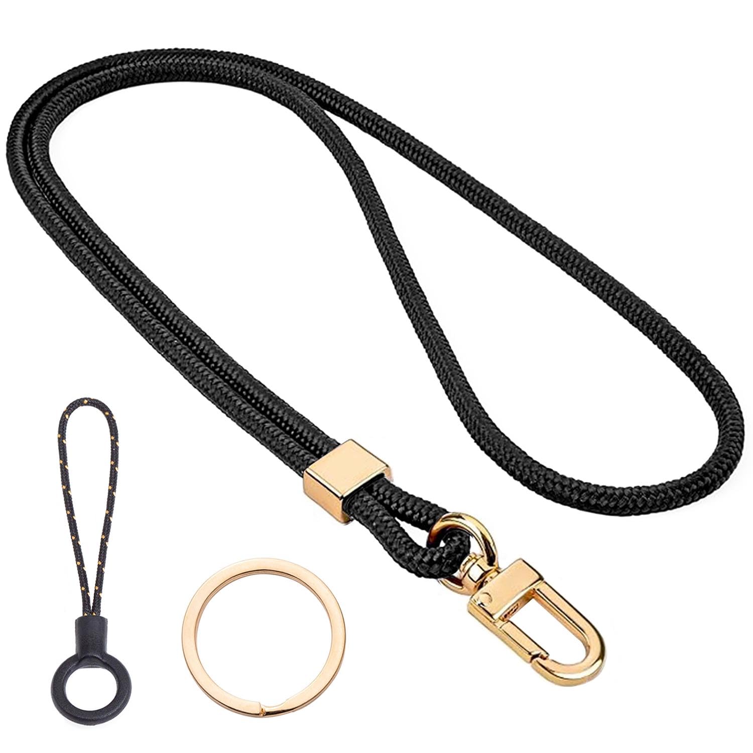 EUZUXU Lanyard Neck Strap, with Metal Key Rings and Lanyard Phone Ring Strap Detachable Lanyards, for Keys, Minimalist Design Keychain and ID Badge Holder(Black)