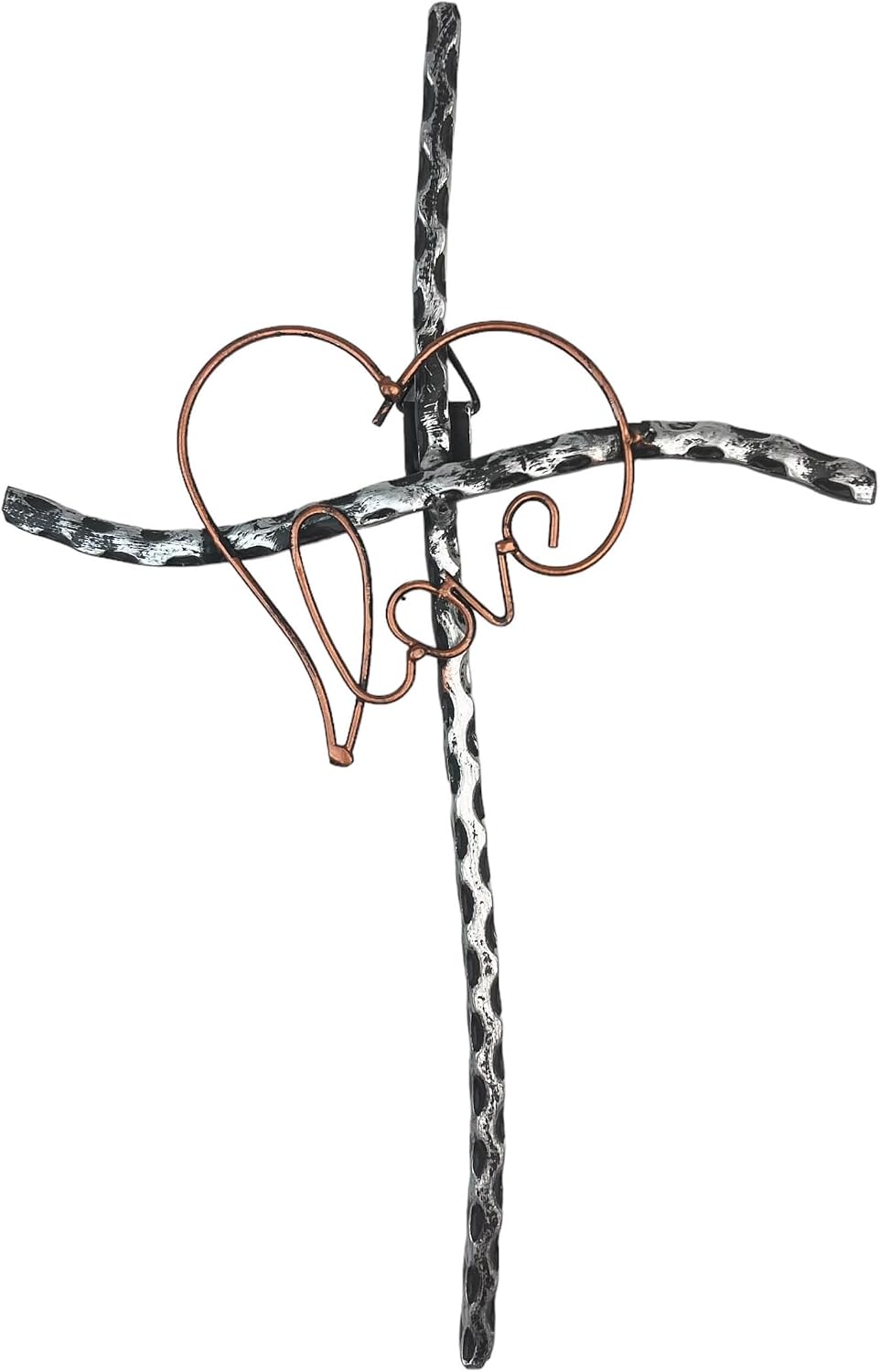 Top Brass Decorative Love/Heart Metal Wall Cross – Welded Wrought Iron with Rustic Copper and Silver Finish – Spiritual Art Sculpture – Weddings, Anniversaries, Valentines, I Love You Gift