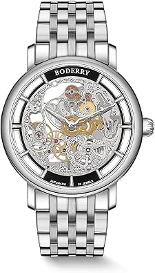 BODERRY Mens Engraved Micro-Rotor Watch Skeleton Automatic 40mm Watch 50M WaterproofElite II
