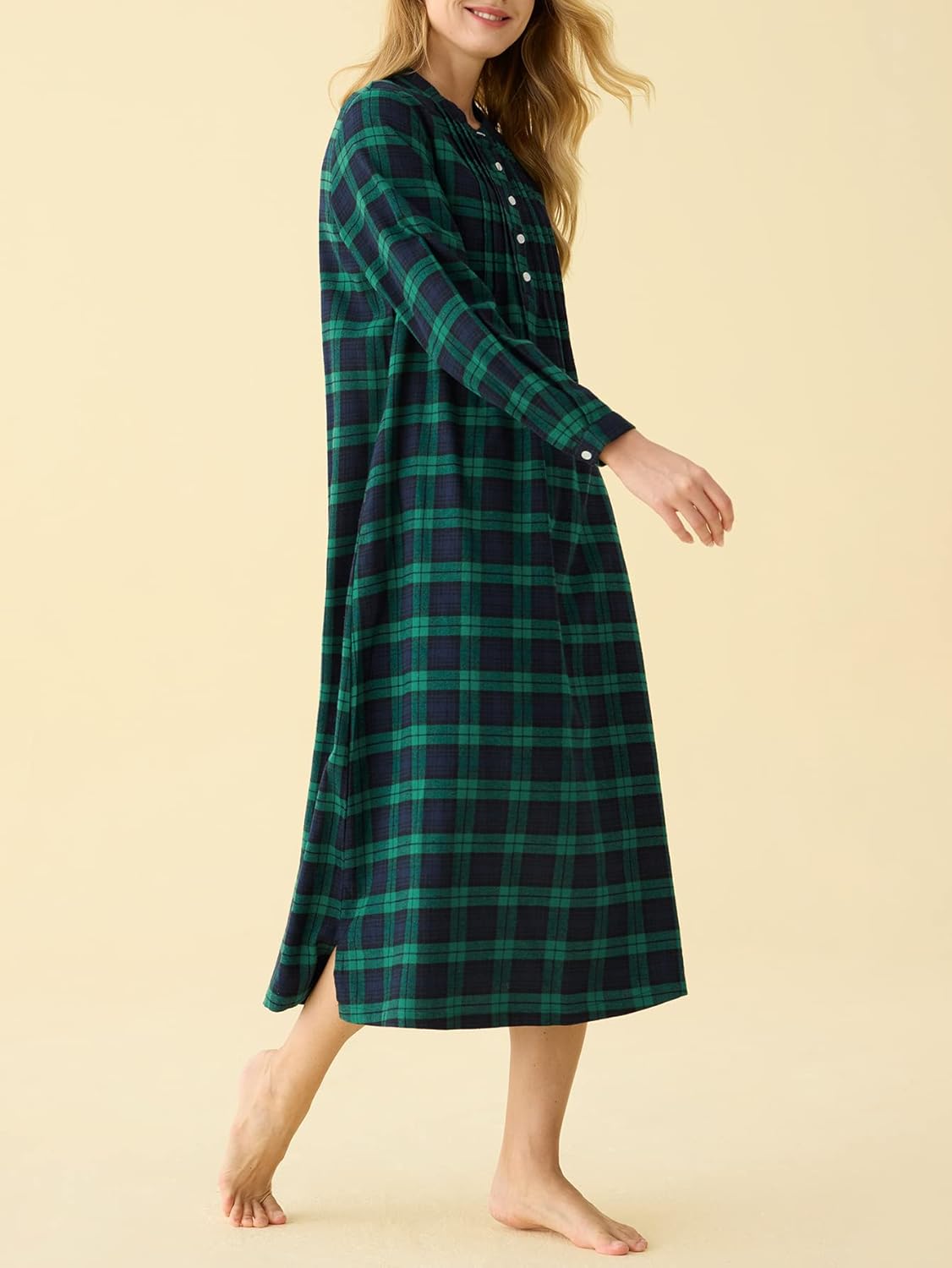 Latuza Women's Cotton Plaid Flannel Nightgown Long Sleeves Pleated Gown with Pockets - Image 2