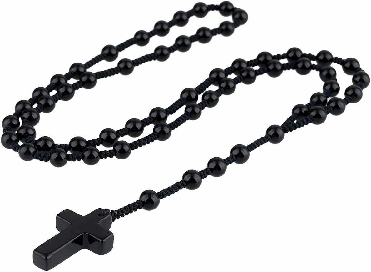 TUMBEELLUWA Cross Pendant Beaded Necklace for Men Women, Catholic Rosary Hand Knotted Necklace