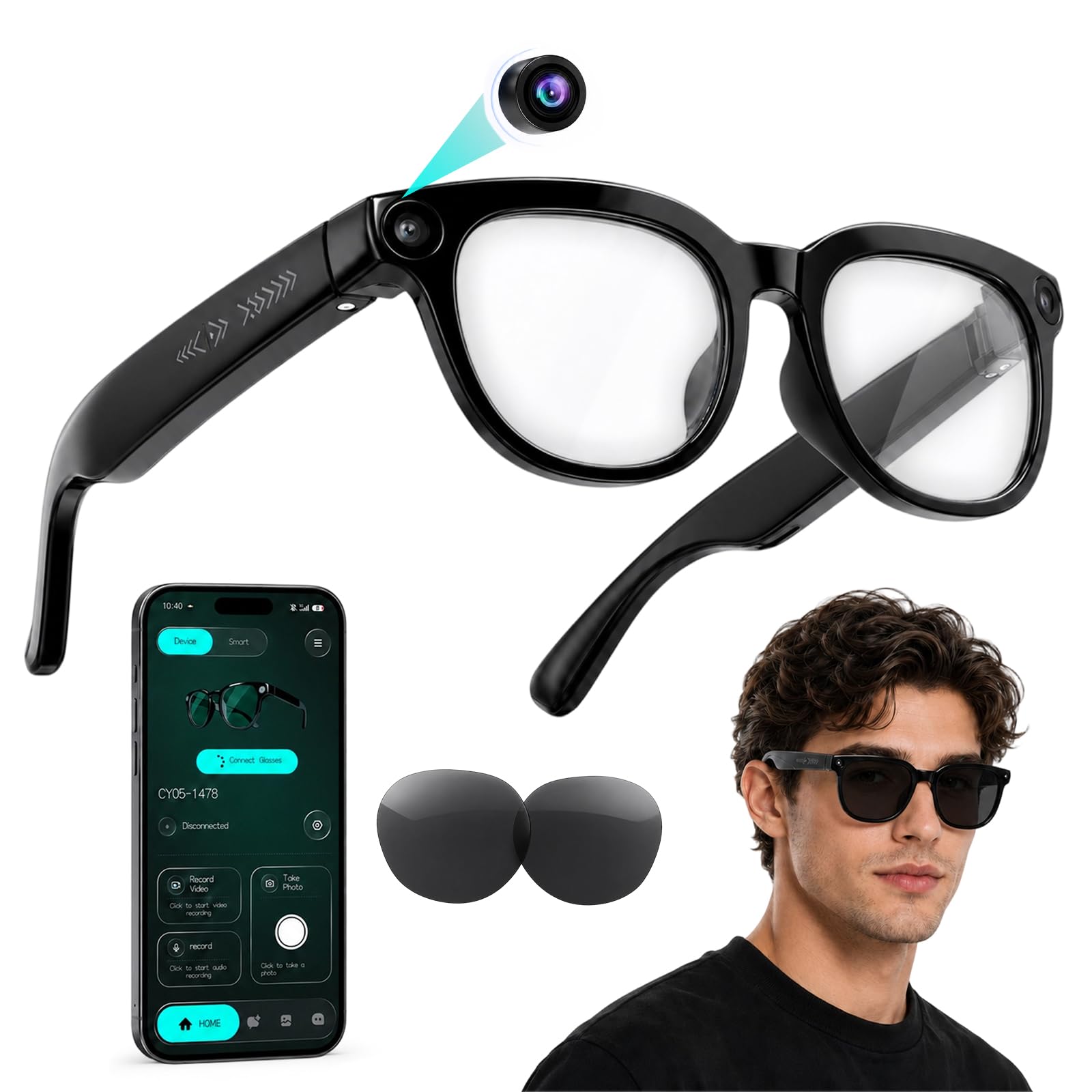 AI Smart Brille mit Kamera 800W HD, 164 Sprachübersetzungsbrille für Herren Damen, 1080P Videoaufnahme, Objekterkennung, Bluetooth, Open-Ear Audio, Sprachassistent (Schwarz2)