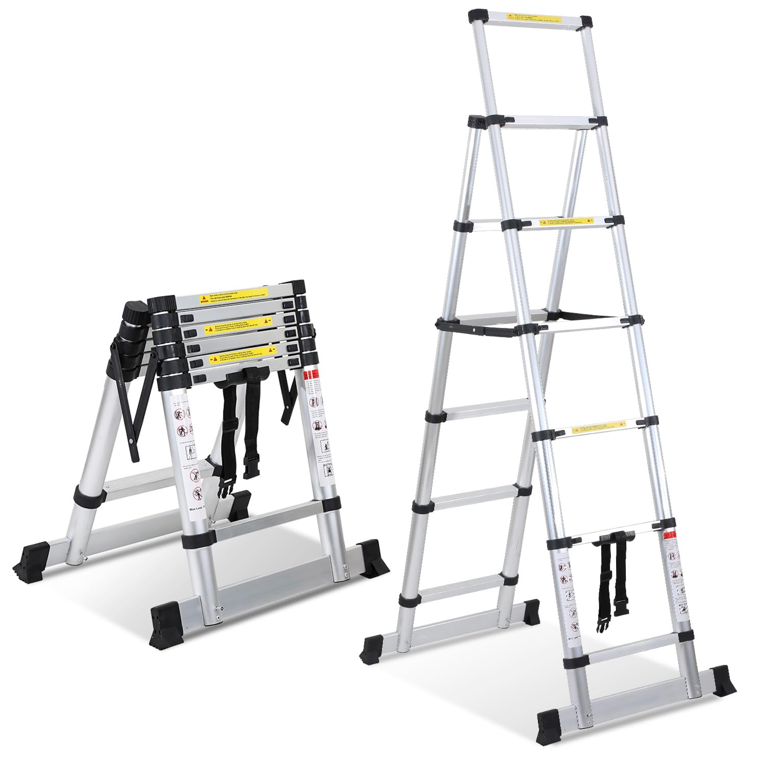 Fiqops Składana drabina teleskopowa 1,7 + 2 m, rama A, 5 + 6 szczebli drabina aluminiowa, antypoślizgowa drabina aluminiowa ze stabilizatorem, drabina wielofunkcyjna, maksymalna nośność 150 kg