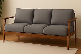 Solid Sheesham Wood 3-Seater Sofa with Premium Cushion | Modern Wooden Sofa for Living Room & Office (Natural Finish, Rust Orange Fabric) (Honey, 3 Seater)