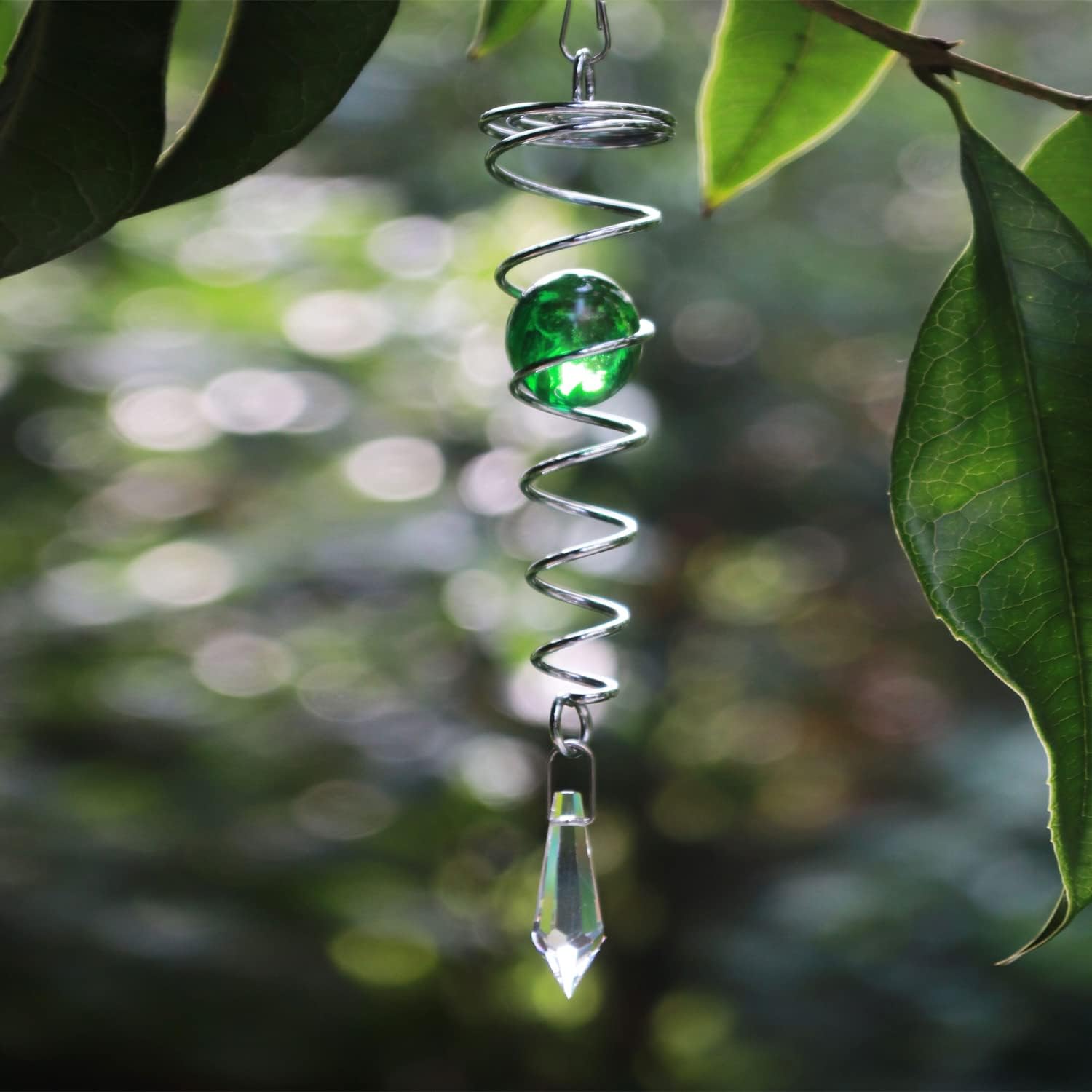 SPRING SONG Wind Spinners Gazing Ball Spiral Tail Indoor Outdoor Stainless Steel Garden Decoration with hanging Swivel hook,Wind Spinners Balls Gifts for Yard Decor(7.5inch Green Silver)