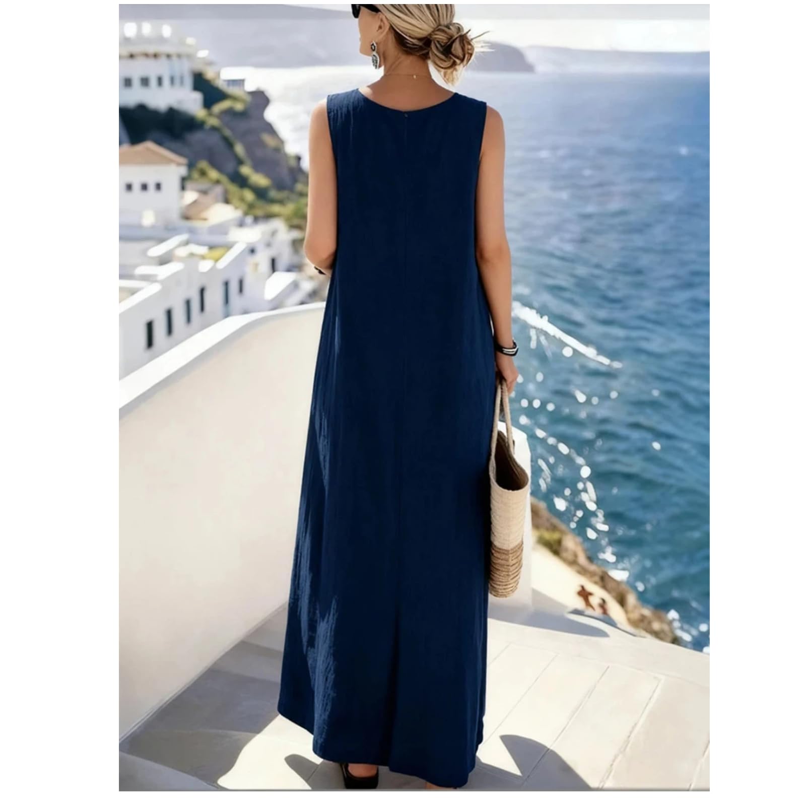 Vestido de Moda Suelto de Escote Redondo de Largo Medio cómodo para el día sin Mangas para el Verano