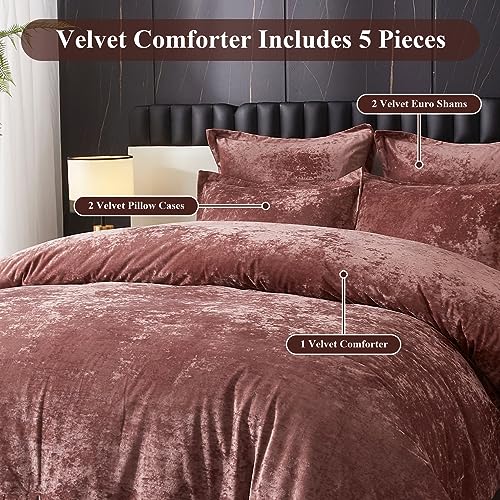 Ivellow Crushed Velvet Comforter Set King, Lightweight Comforter Set, 5pcs Ultra Soft Breathable Pink Comforter Set, Luxury Cozy Flannel Comforter King Size (1 Comforter,2 Pillow Shams, 2 Euro Shams)