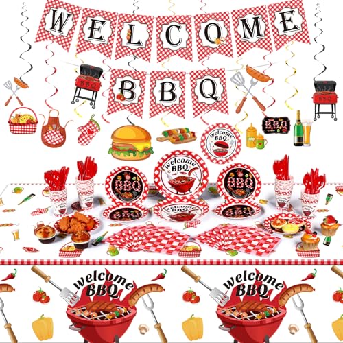 Capoda 139 Pcs Summer BBQ Party Supplies Picnic Barbecue Decorations BBQ Baby Shower Hanging Swirls Banner Tablecloths Plates Napkins Cups Forks Spoons Knife for Birthday Baby Shower Party
