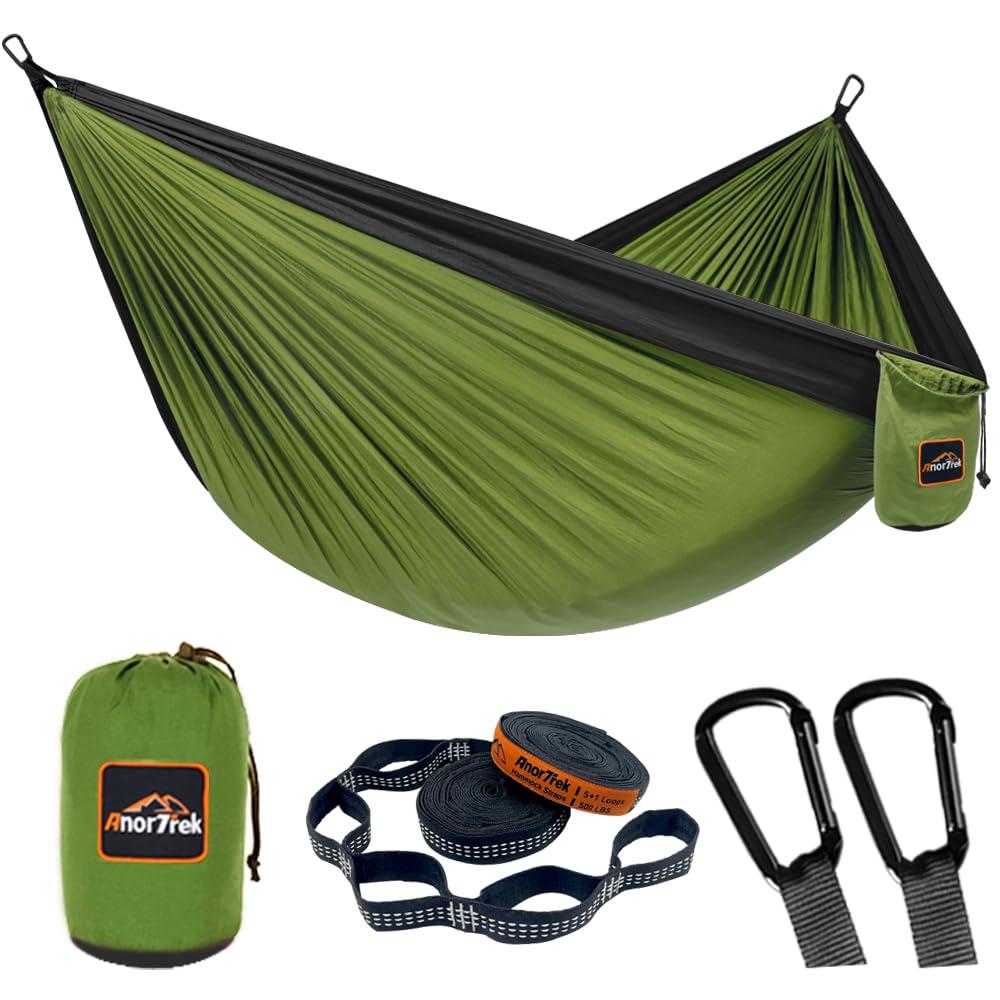 AnorTrek Camping Hängematte, superleichte tragbare Fallschirm Hängematte mit Zwei Baumgurten Einzel oder Doppel Nylon Reisebaum Hängematten Olivgrün&schwarz