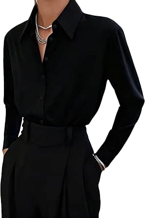 Women's Oversized Button-Down Shirt, Long Sleeve Collared Blouse for Office Work