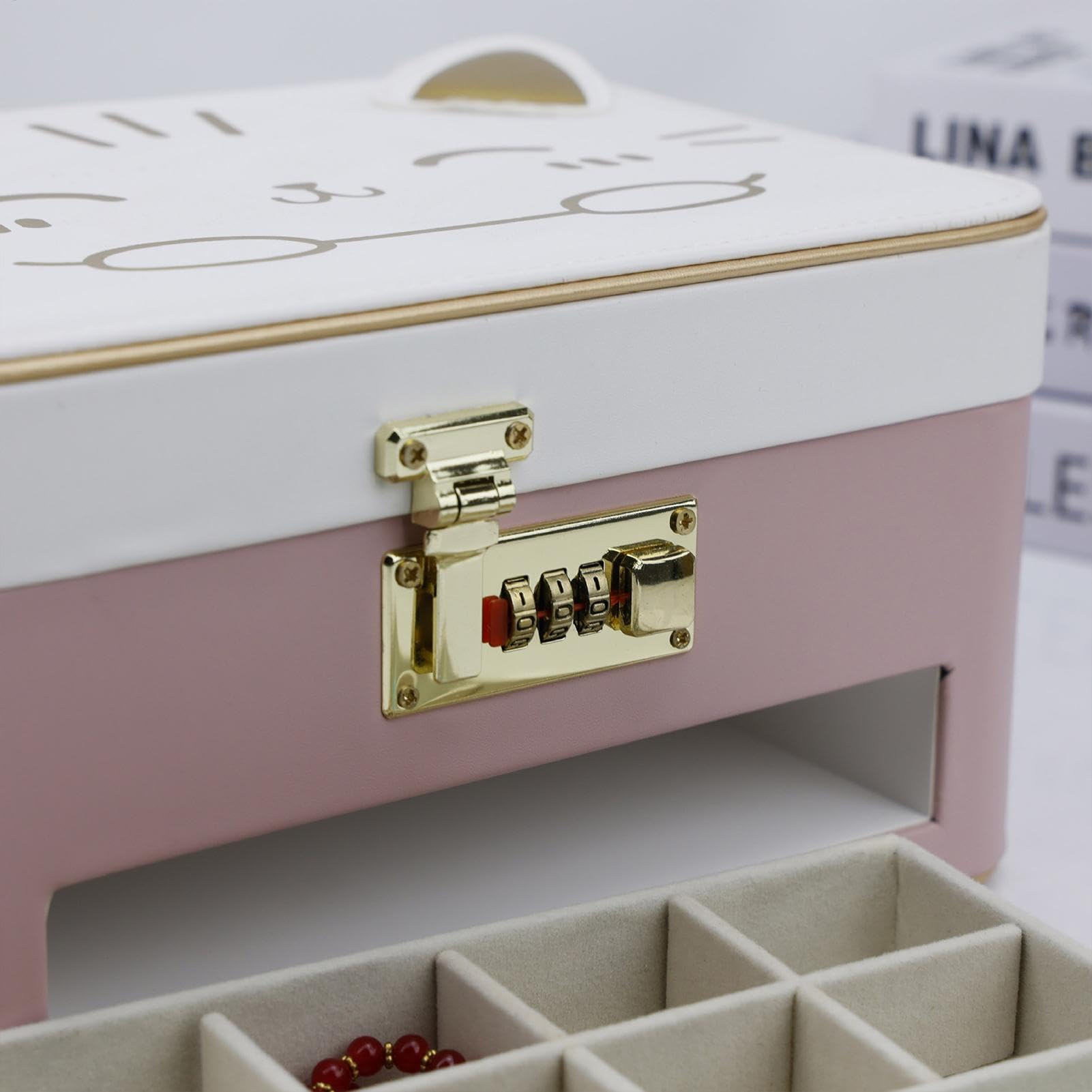 Verschließbare Schmuckschatulle, süße Katzen-Schmuckschatulle, abschließbare Aufbewahrungsbox für Ohrringe, Ringe, Halsketten, Armbanduhr für Frauen, Mädchen und Mütter, 25 x 18 x 13,5 cm