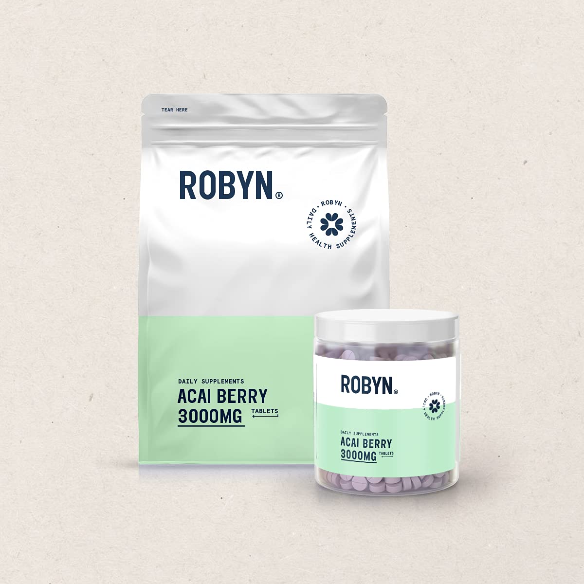 RobynNutrition Pure Acai Berry Tablets - 3000mg Strength Servings - Natural Freeze Dried Acai Berries for Diet & Health, High Vitamin Complex & Antioxidant Supply Vegetarian Supplement (30)