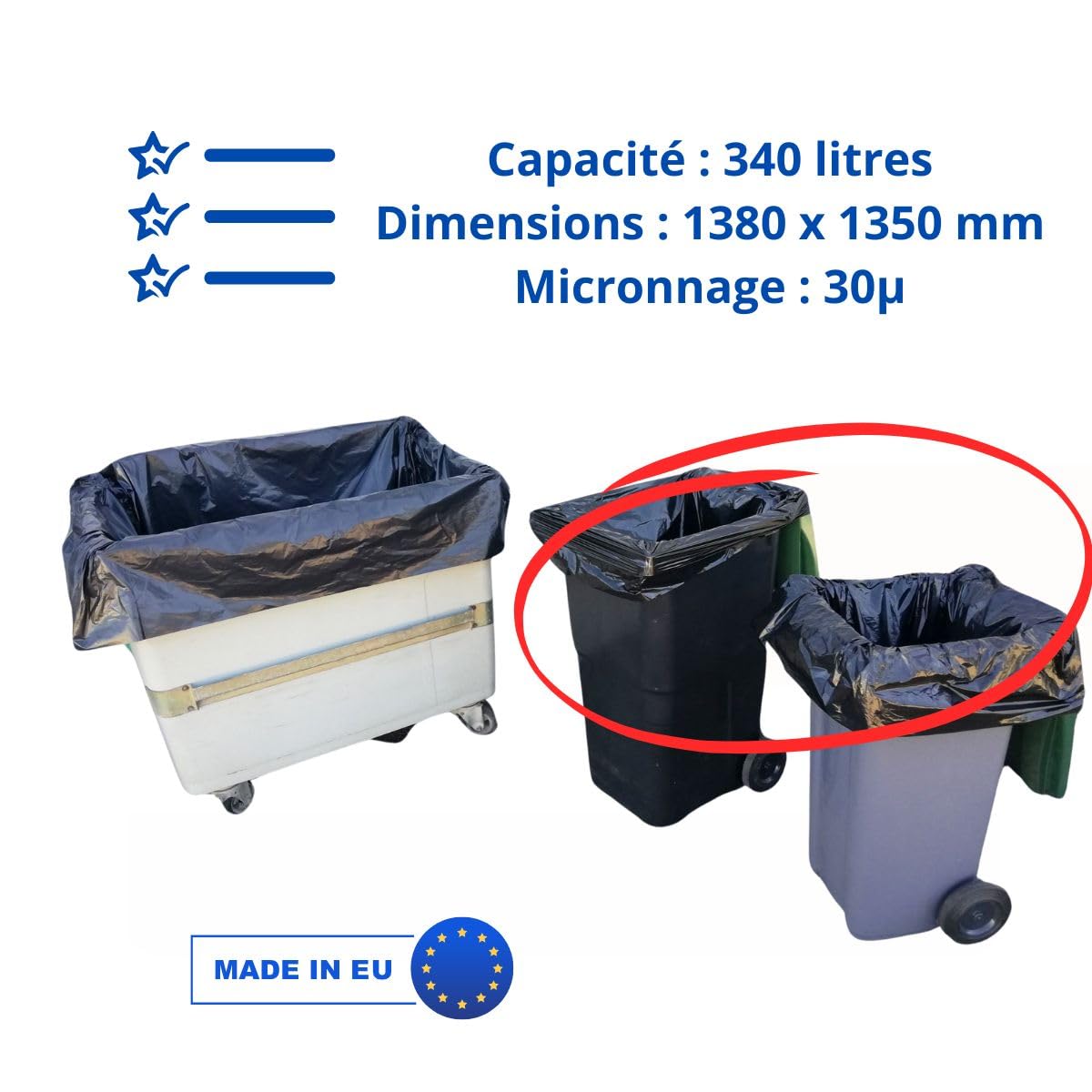 Sac Poubelle 340l X100 | Housses Protection Conteneur 340 Litres | Certfié REACH et FSC | Epaisseur 30µ | Anti Saletés - Anti Fuite - Anti Odeur | Hygiène Propreté Collecteur Déchets