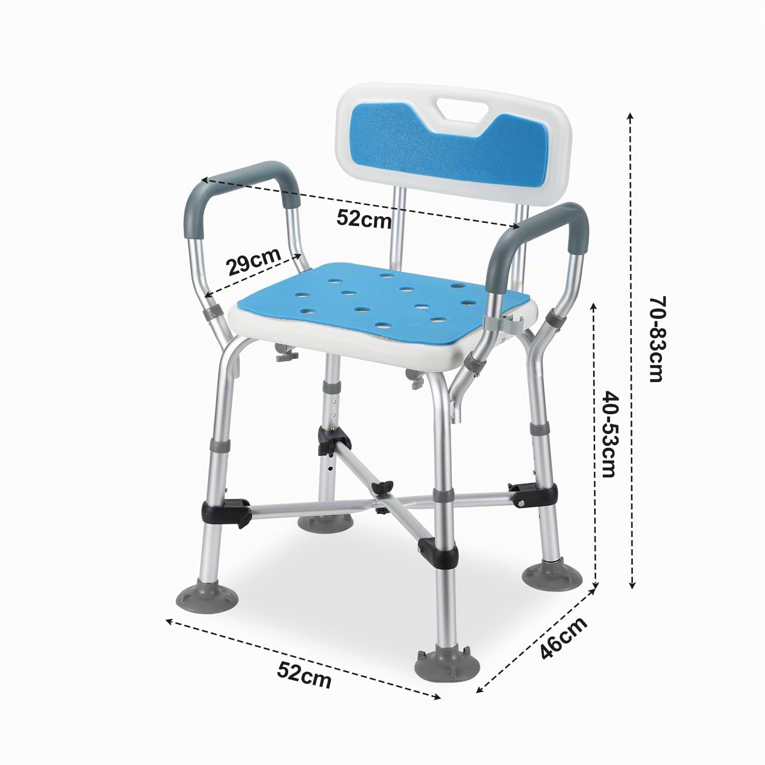 Sgabello da doccia per anziani, regolabile in altezza, sedia da doccia con doppio rinforzo traversa e tappetino antiscivolo, sedile doccia con schienale e braccioli, Bianco
