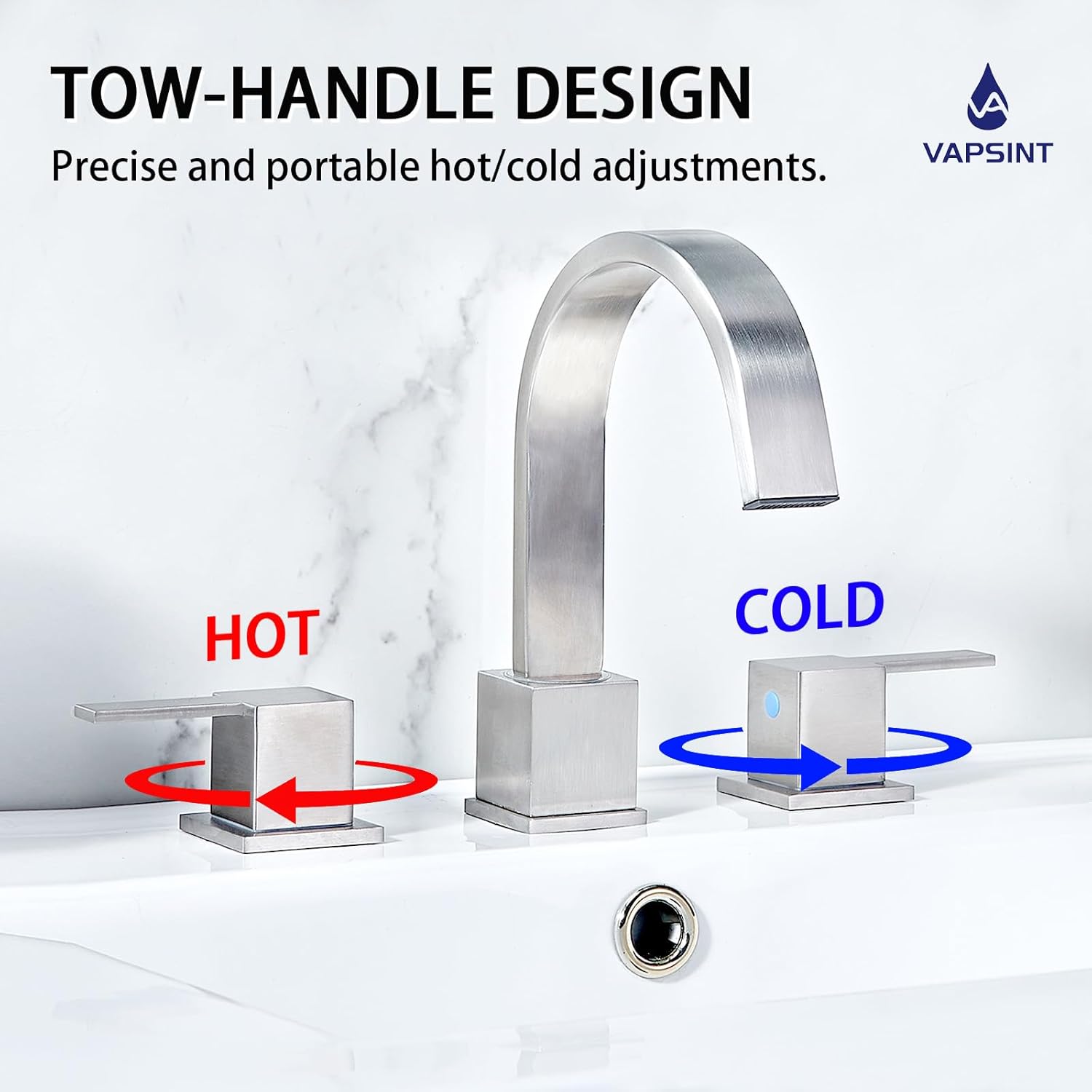 Brushed Nickel Bathroom Faucet 3 Hole, VAPSINT 8 Inch Widespread Waterfall 3 Piece Bathroom Sink Faucet, 2 Handle 360° Swivel Spout Vanity Faucets for RV Lavatory with Pop Up Drain & Supply Hoses - Image 5