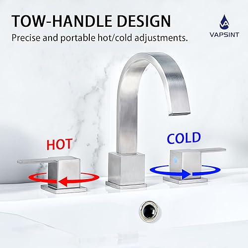 Miniatura 5 de VAPSINT - Grifo de baño de níquel cepillado de 3 agujeros, cascada generalizada de 8 pulgadas, 3 piezas, 2 manijas giratorias de 360 para lavabo RV