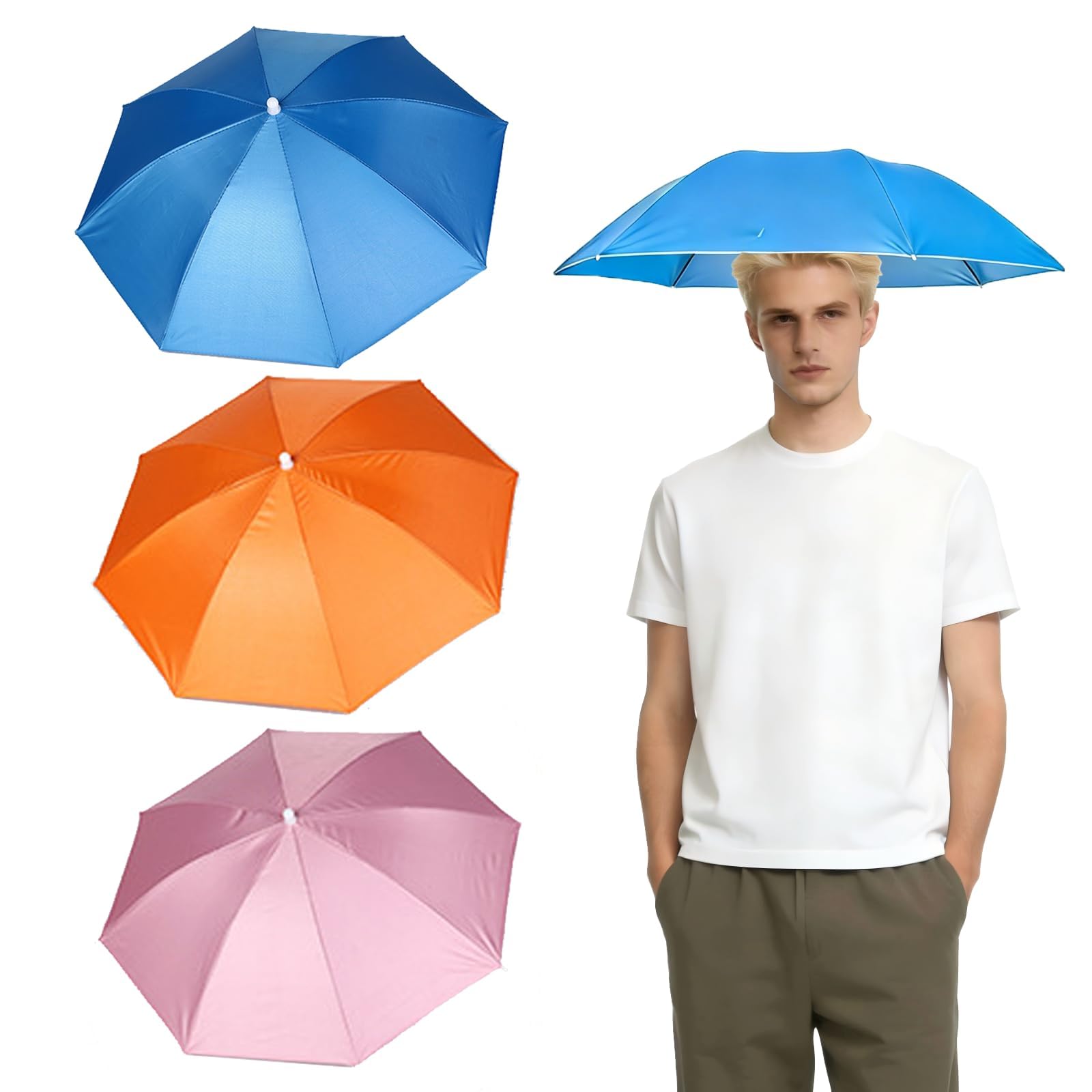 QyueQyat Three Pack Umbrella Hat, Head Umbrella for Outdoor Activities, Hands-Free Sun Protection, Lightweight and Adjustable Design, Available in Sky Blue, Pink and Orange