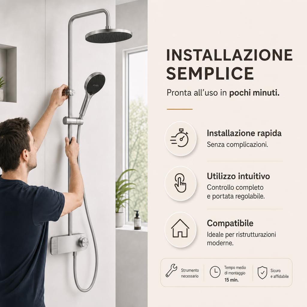 INEX EUROPA Colonna Doccia Nero Grigio Titanio Premium Acciaio Inossidabile 10 Anni di Garanzia - Colonna Doccia Rotonda Effetto Pioggia 3 Modalità di Funzionamento - Doccia 156cm Nero Grigio Titanio