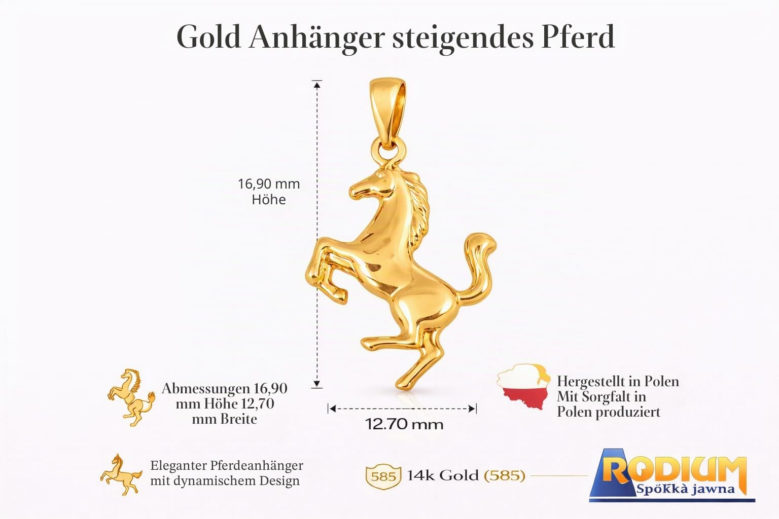 Rodium – 14 Karat (585) Anhänger mit goldenem Pferd Gold
