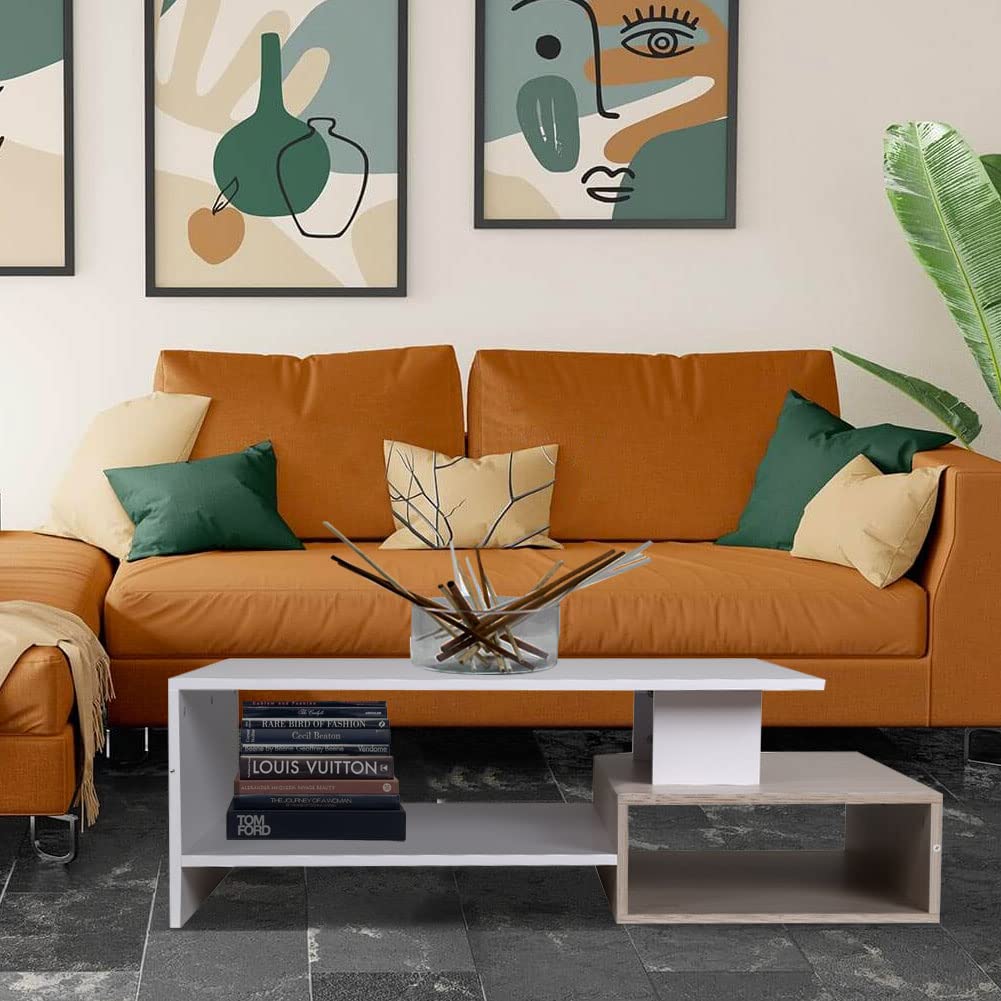 BAKAJI Tavolino Divano Tavolo Caffè da Salotto Rettangolare Design Moderno in Legno MDF con 4 Ripiani Inferiori Dimensione 106.5 x 60 x 34.5 cm Arredamento casa (Bianco e Quercia)