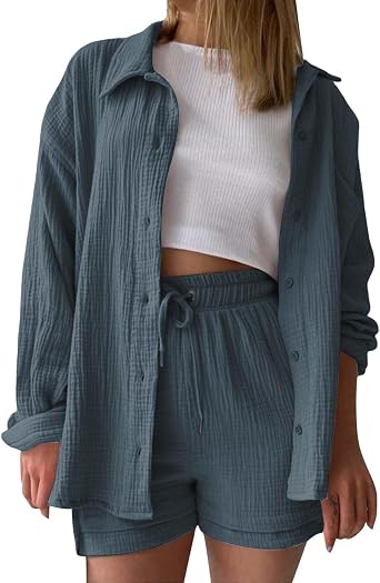 2 Piece Sets for Women Lounge Wear Matching Two Piece Pajama Fashion Oversized Shirts and Shorts Spring Outfit 2025