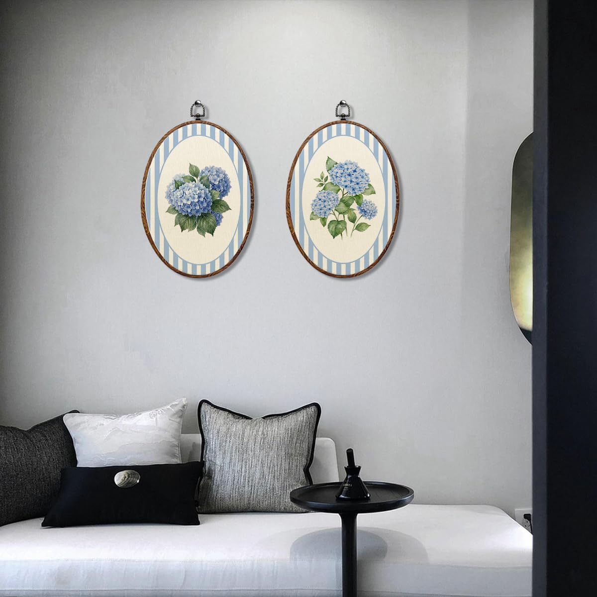 Blue Striped Hydrangea Oval Framed Wall Art, Vintage Floral Canvas Art Prints Wall Decor, 2PC, Rustic Cottagecore Hydrangeas Hanging Decor Artwork for Home Bedroom Living Room Gallery Office 8.3X12 image 5