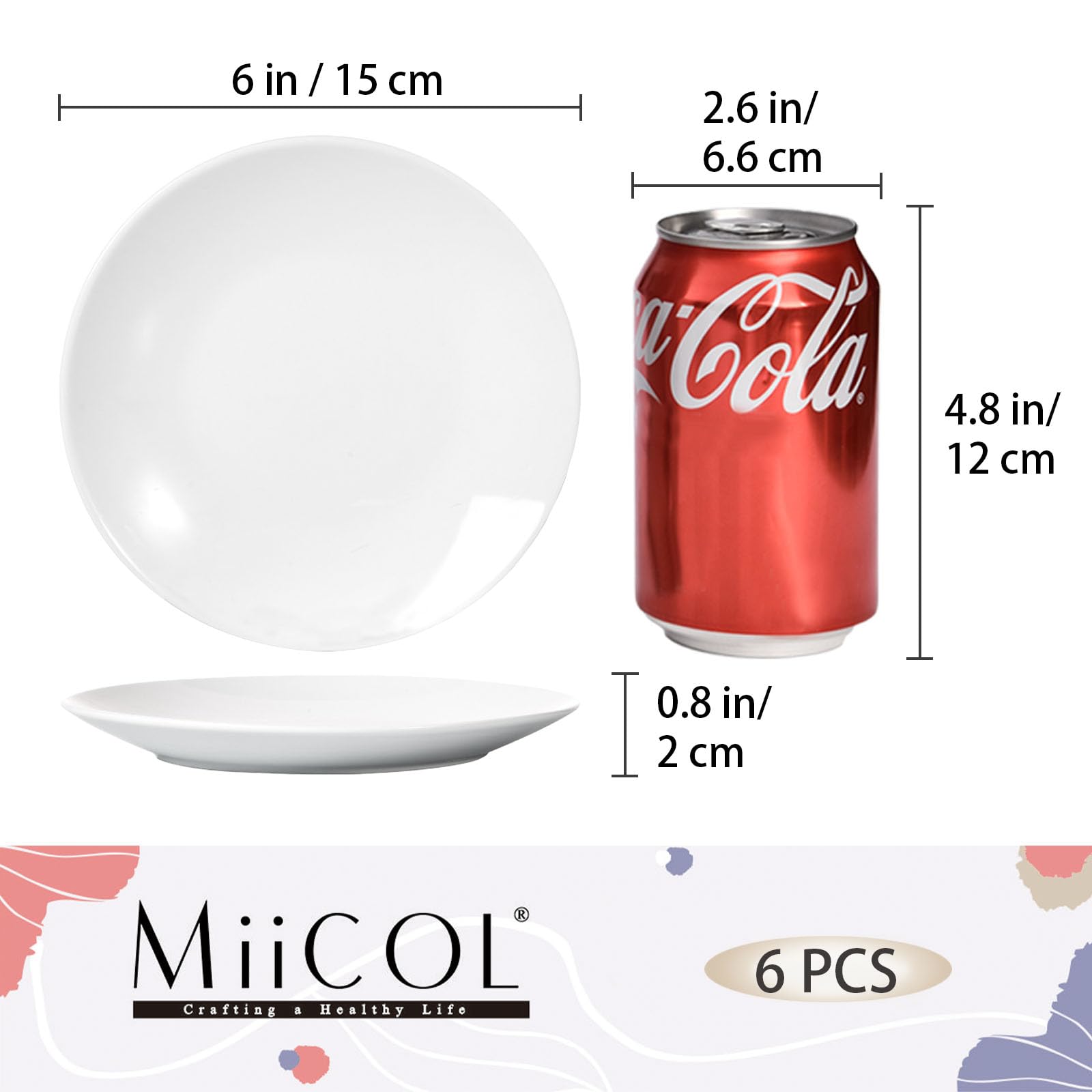 Miicol Piattini da dessert, Piattini per torta in ceramica da 15 cm, Piatti per colazione bianchi, Mini piatti di porcellana, Per servire torta, pane, insalata, snack, Set di 6 pezzi