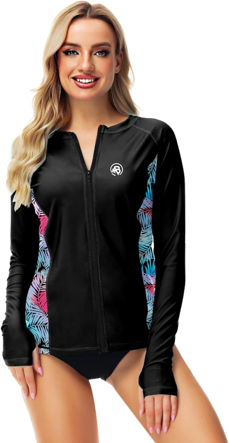 AOBUTE Women Zipper Rash Guard SPF 50+ Swim Shirt Zip Up Surfing Swimwear Top with Thumb Hole