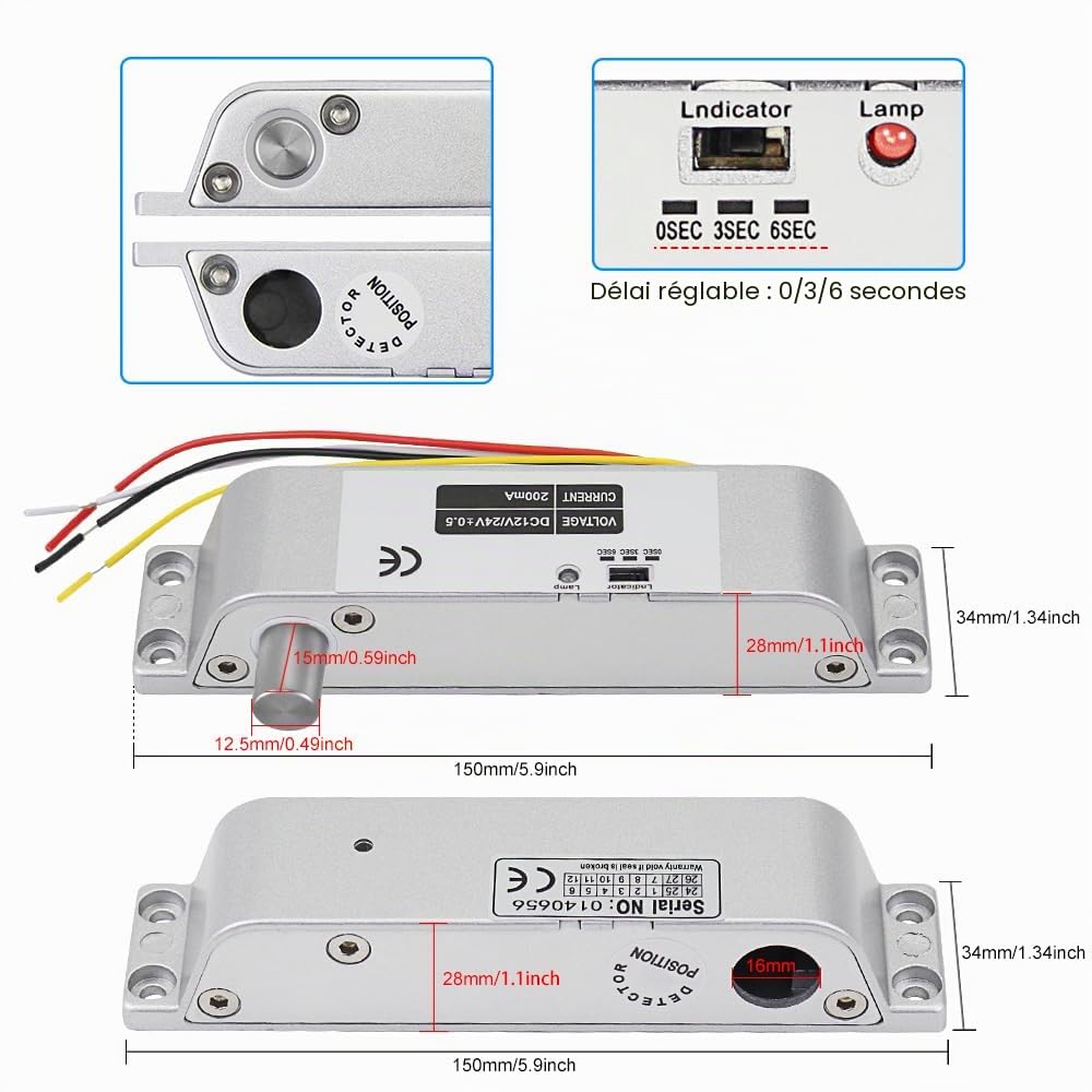 LIBO Verrou de porte électrique DC 12 V Mode NC pour système de sécurité de contrôle d'accès avec délai