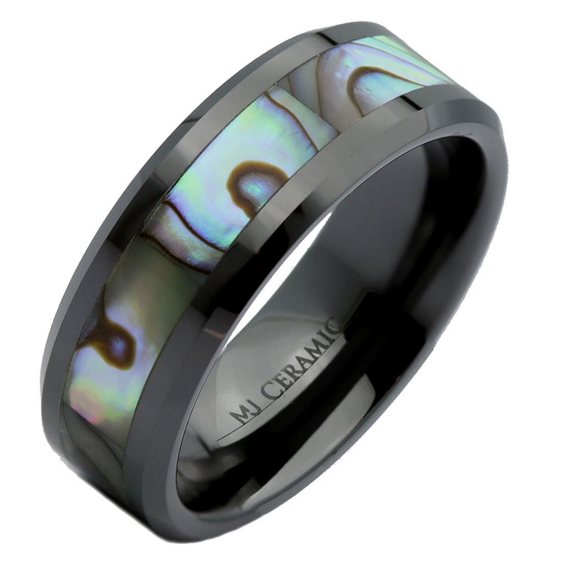 MJ Metals Jewelry Abalone Shell Inlay Black Ceramic Wedding Band Ring 8mm
