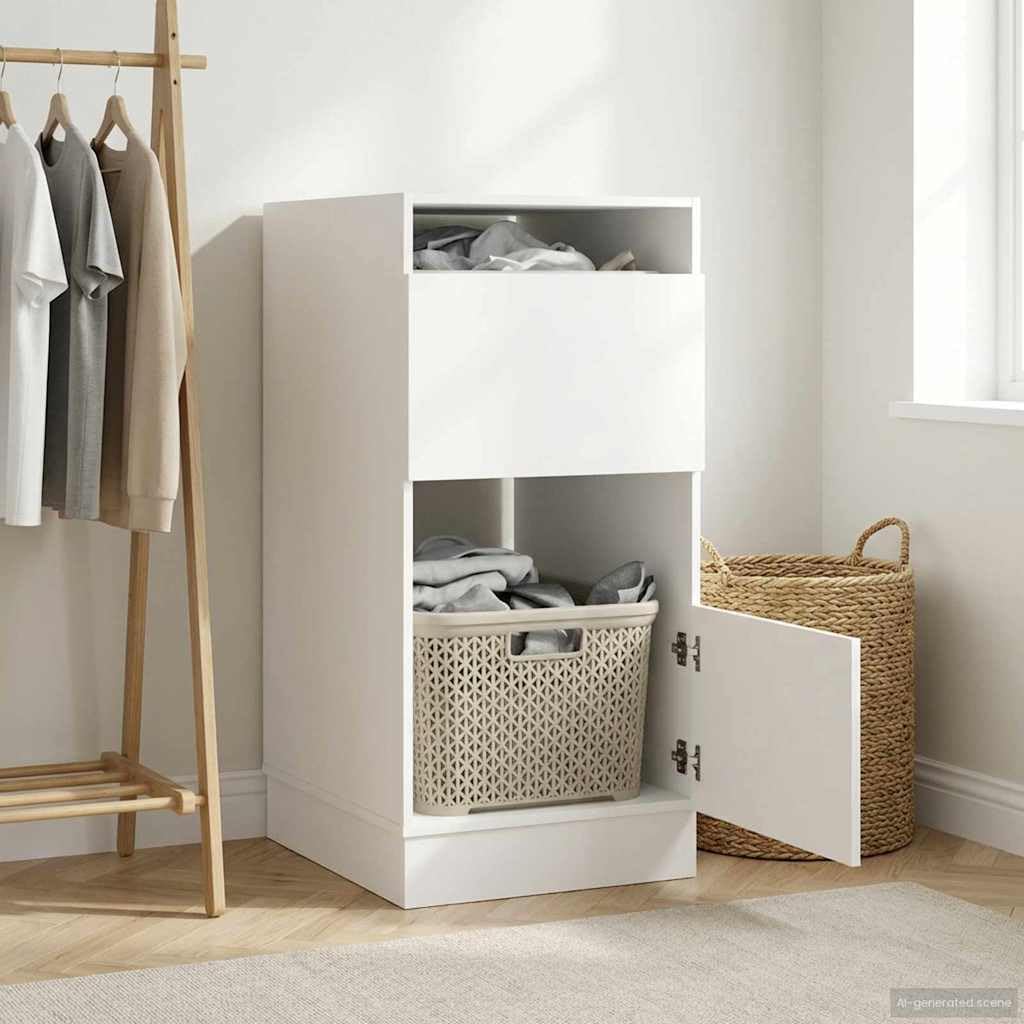 Mobile portabiancheria con vano portaoggetti, bianco, 50 x 68 x 102 cm, in legno con 2 ante e 4 scomparti, armadio multiuso per bagno, camera da letto, ufficio, soggiorno, cassettiera stabile